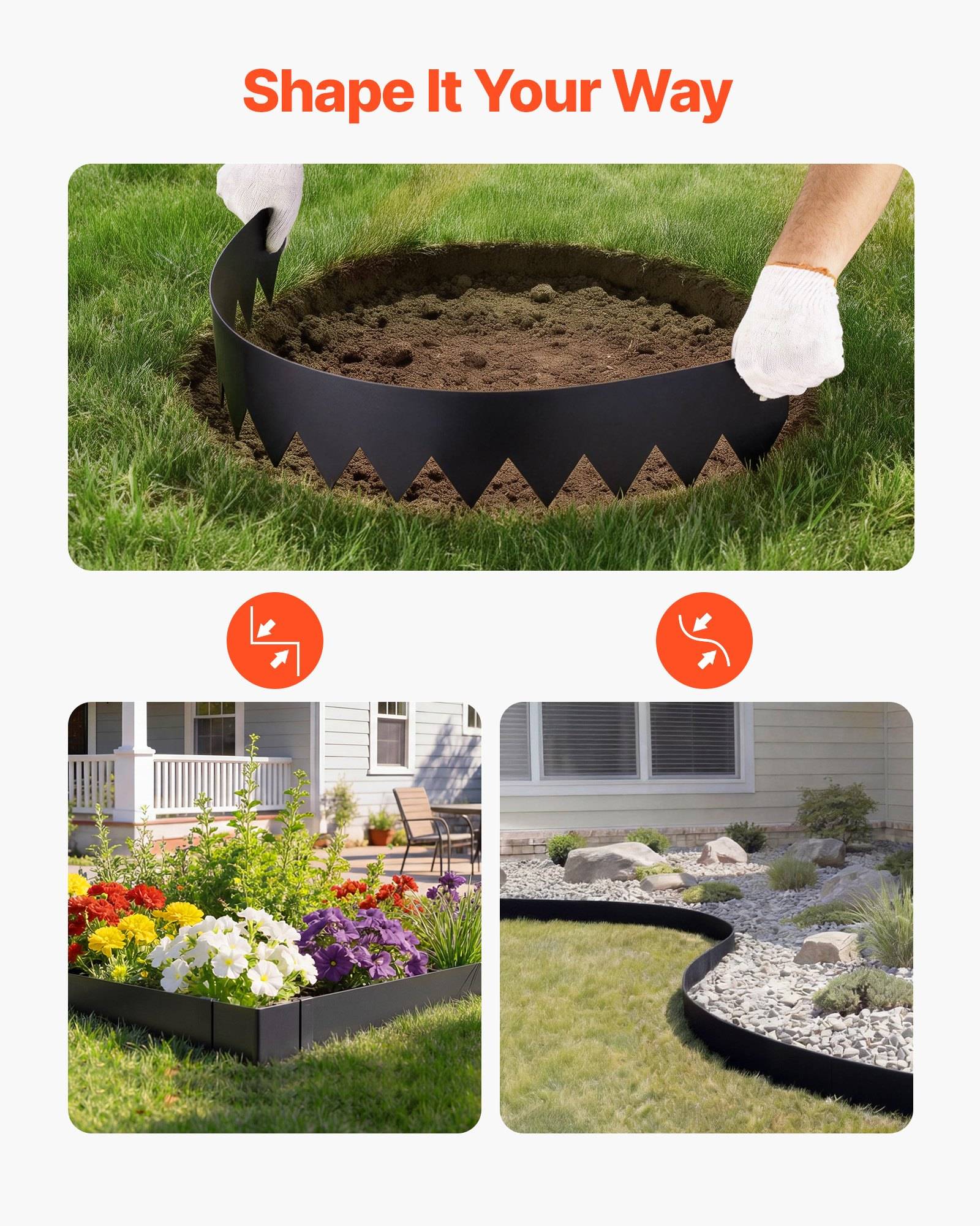 Gartenkantenstreifen, der um ein Pflanzenbeet gebogen wird, mit Beispielen derselben schwarzen Einfassung, die ein Blumenbeet und eine Landschaftsgrenze bildet.