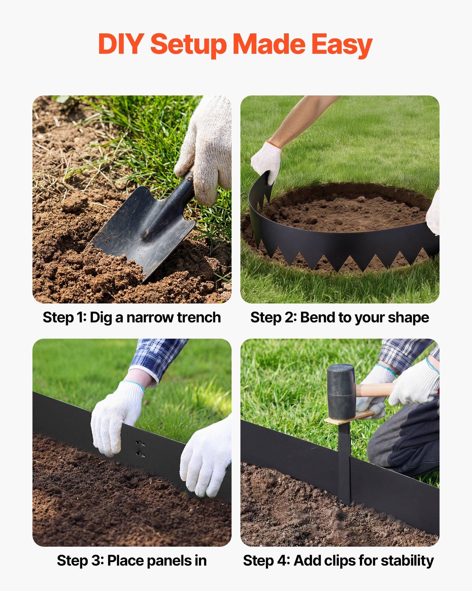 Vierstufiger Aufbau von Gartenumrandungen - Infografik: Graben ausheben, Paneele in Form biegen, Paneele einsetzen und mit Klammern befestigen für Stabilität.