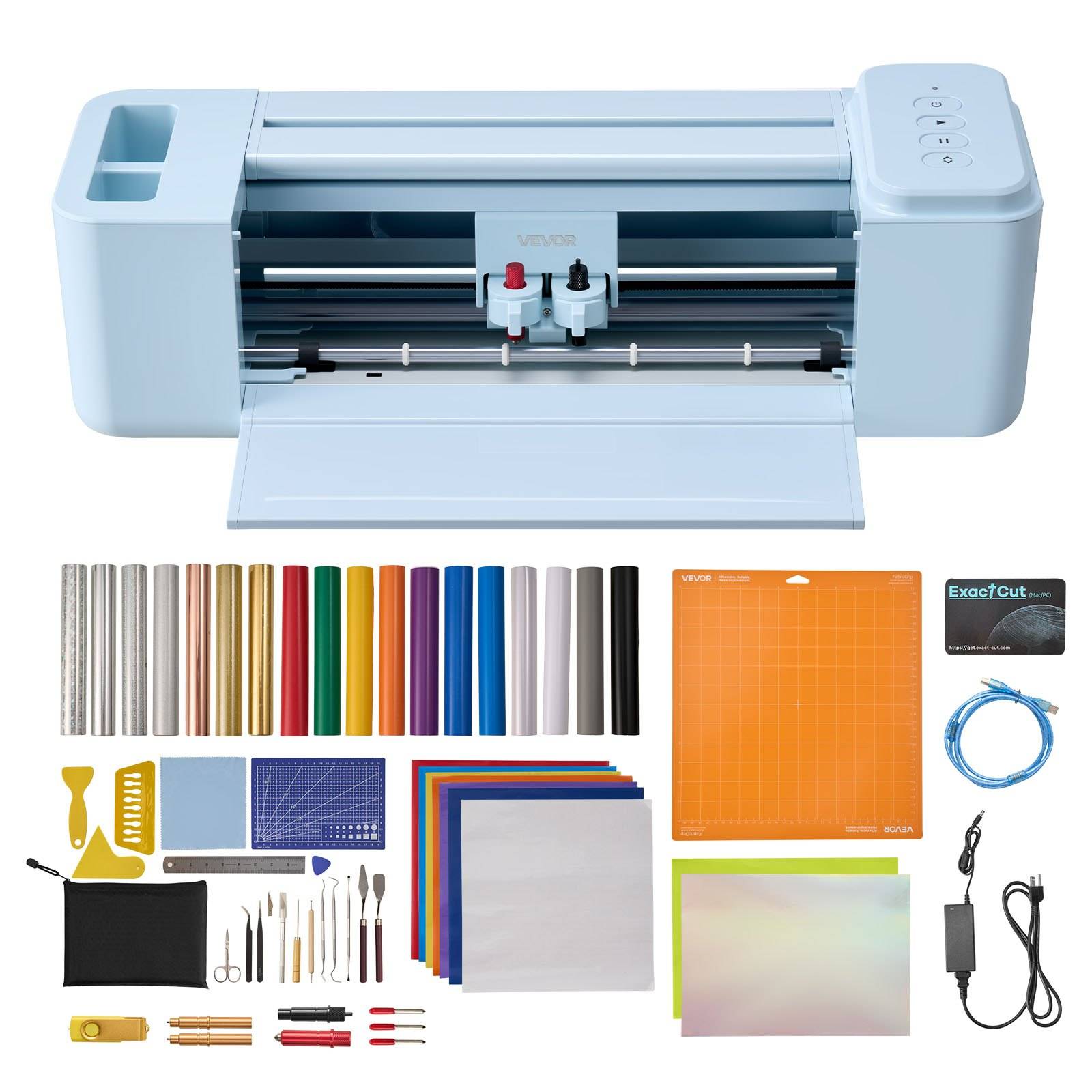 Eine Desktop-Schneidemaschine mit Klingenhalter, gezeigt mit einem Set farbiger Vinylfolien, Schneidematte, Werkzeugen und Zubehör zum Basteln und für die Herstellung von Aufklebern.