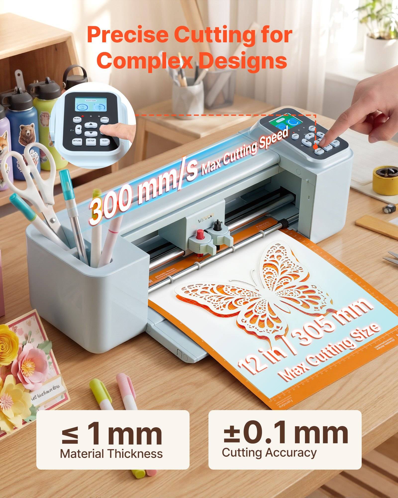 Tischschneidemaschine schneidet komplexe Designs präzise mit 300 mm/s; verarbeitet Material bis 1 mm Dicke mit ±0,1 mm Genauigkeit.