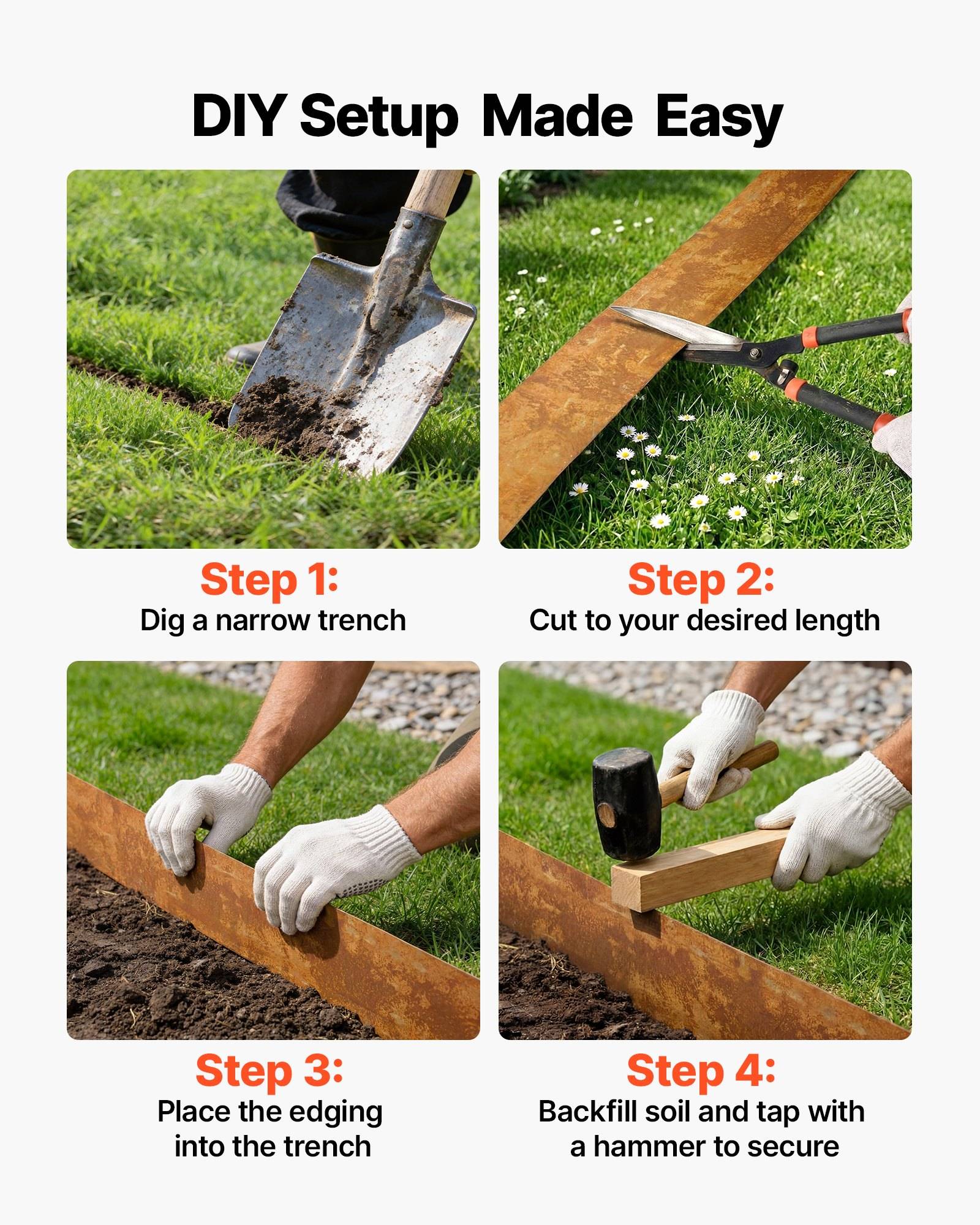 Anleitung mit dem Titel „DIY-Einrichtung leicht gemacht" mit vier Schritten: einen Graben ausheben, die Einfassung auf Länge schneiden, sie in den Graben einlegen und dann auffüllen und mit einem Hammer anklopfen, um sie zu sichern.