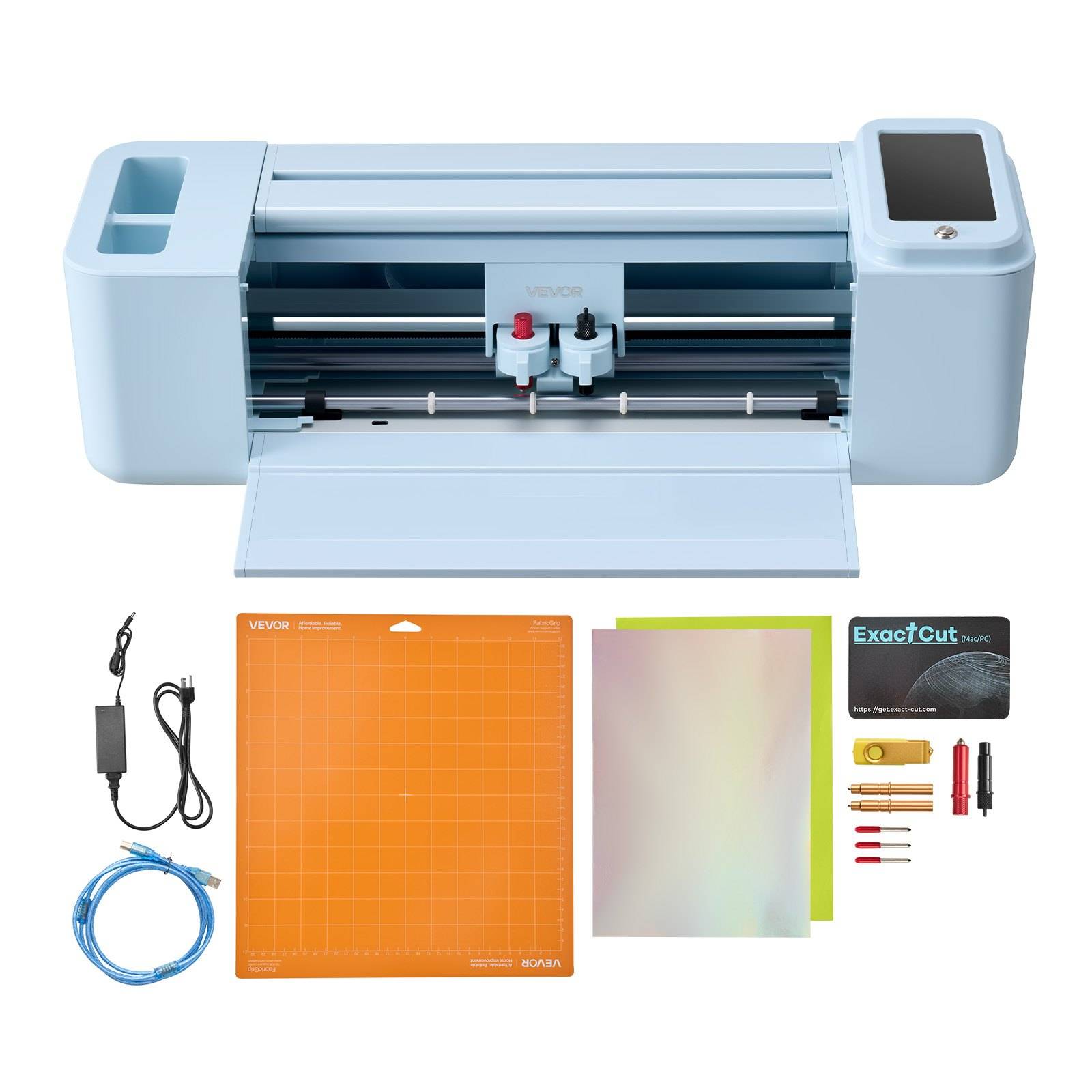 Schneidemaschine für den Schreibtisch mit Touchscreen, gezeigt mit Stromkabeln, Schneidematte, Vinylfolien, Klingen und Zubehörset.