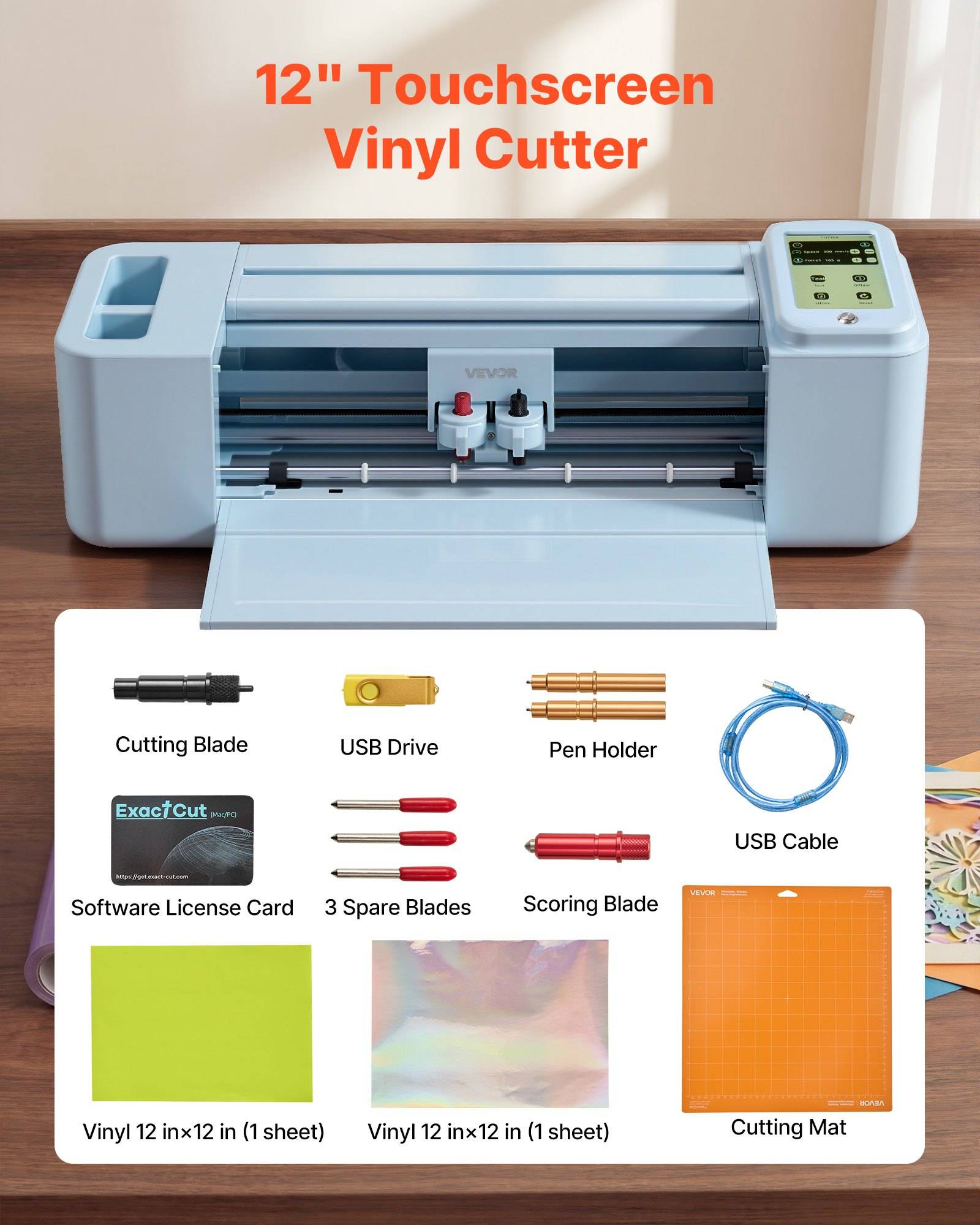 12-Zoll-Touchscreen-Vinylschneider, dargestellt mit mitgelieferten Zubehörteilen: Schneideklinge, USB-Laufwerk, Stifthalter, USB-Kabel, Softwarelizenz-Karte, Ersatzklingen, Scoring-Klinge, Schneidematte und Vinyl-Blätter.