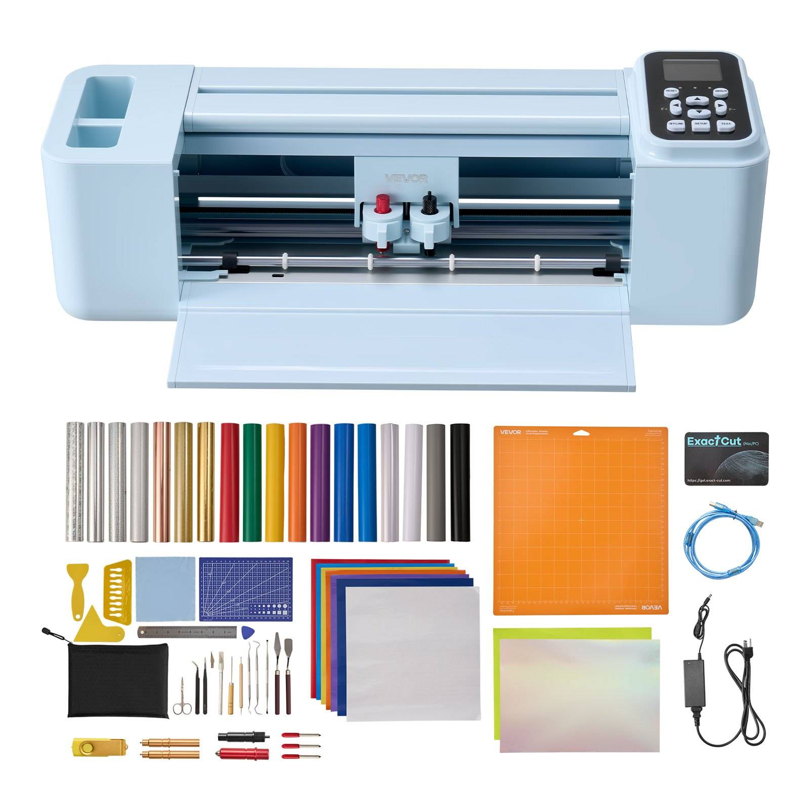 Eine Schneidemaschine mit Materialkit, die Rollen und Blätter aus farbigem Vinyl, Klingen, Werkzeuge, Matten, Kabel und Zubehör zum Basteln oder Schildermachen zeigt.