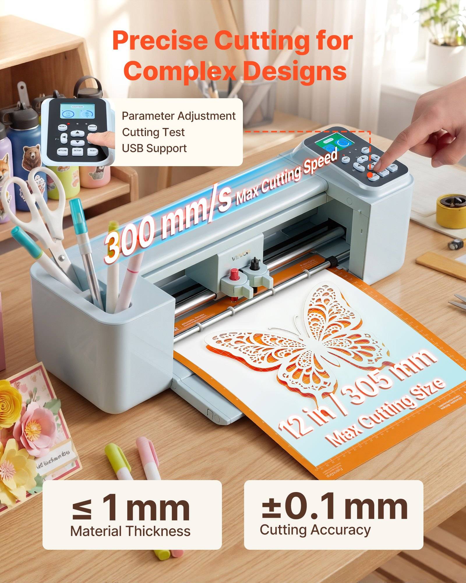 Desktop-Handwerkschneidemaschine mit Touchscreen, zeigt „300 mm/s" maximale Schnittgeschwindigkeit, „≤ 1 mm"" Materialdicke und „±0,1 mm"" Schnittgenauigkeit für detaillierte Designs.