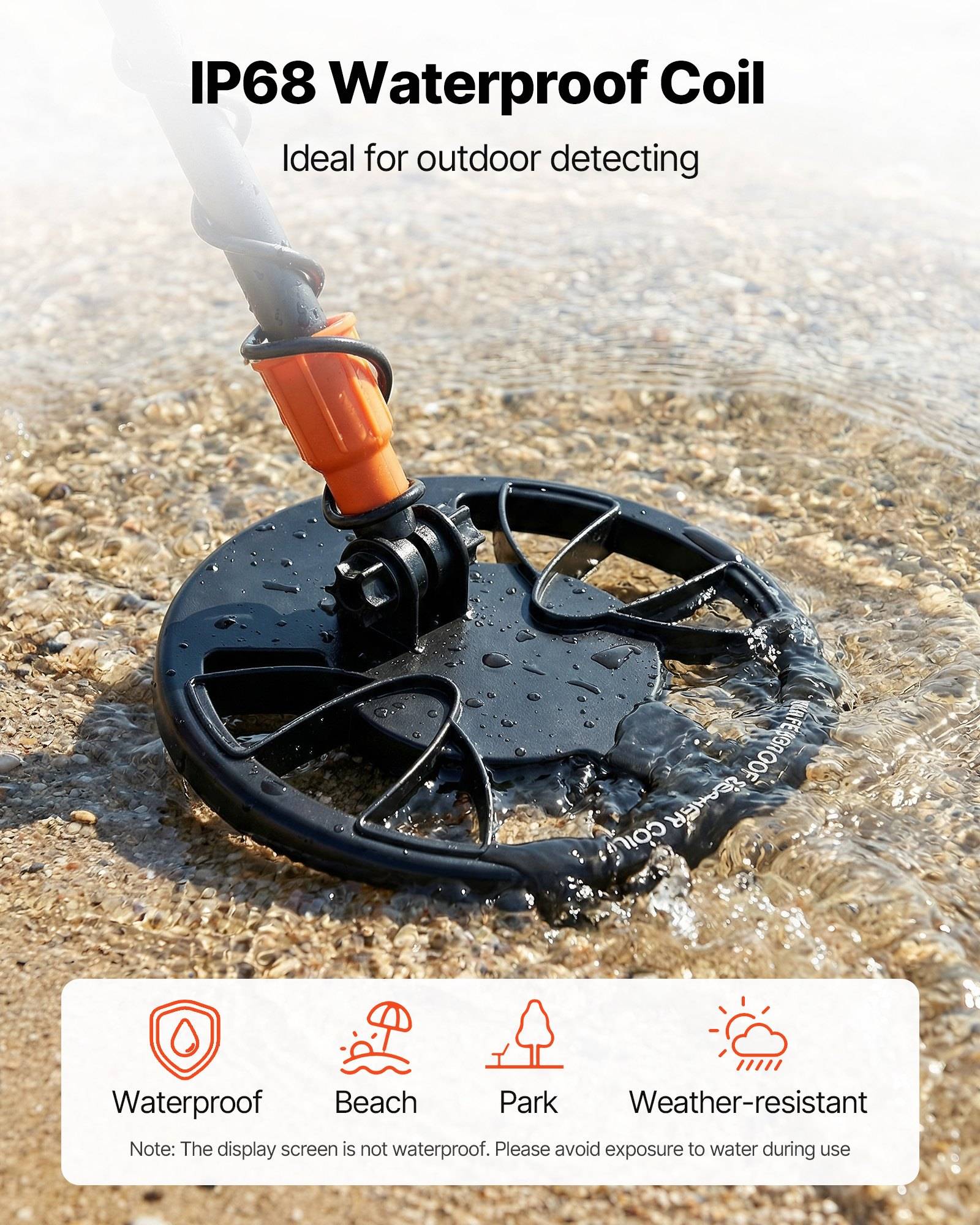 IP68 wasserdichte Metalldetektorsonde für Flachwasser, gekennzeichnet als ideal für die Außenerkennung, mit Symbolen für wasserdicht, Strand, Park und wetterbeständig.