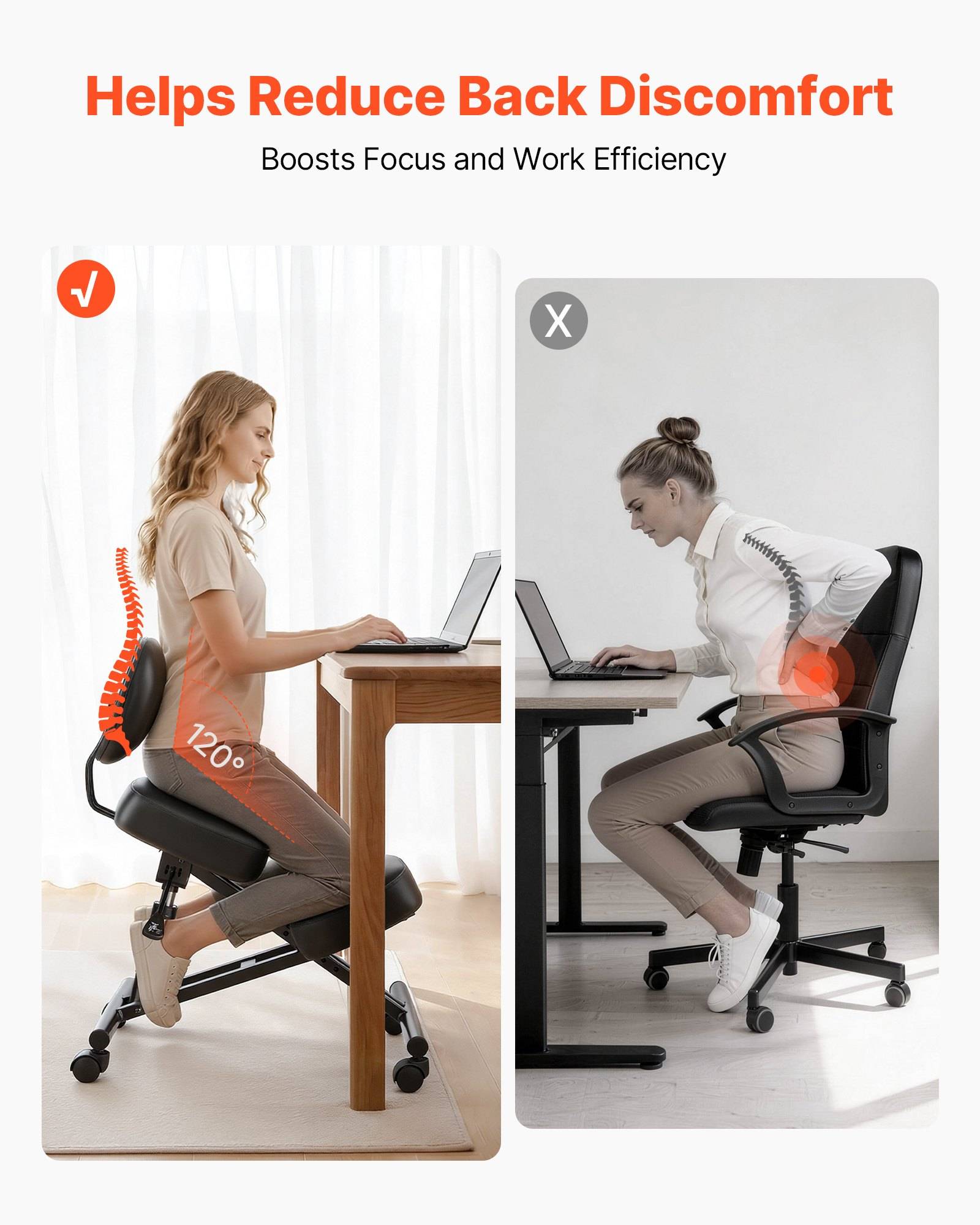 Werbevergleich, der eine Frau zeigt, die auf einem ergonomischen Stuhl an einem Schreibtisch sitzt: links korrekte Körperhaltung mit „Hilft, Rückenbeschwerden zu reduzieren" und rechts gekrümmte Körperhaltung als falsch gekennzeichnet, mit „Steigert Konzentration und Arbeitseffizienz"".