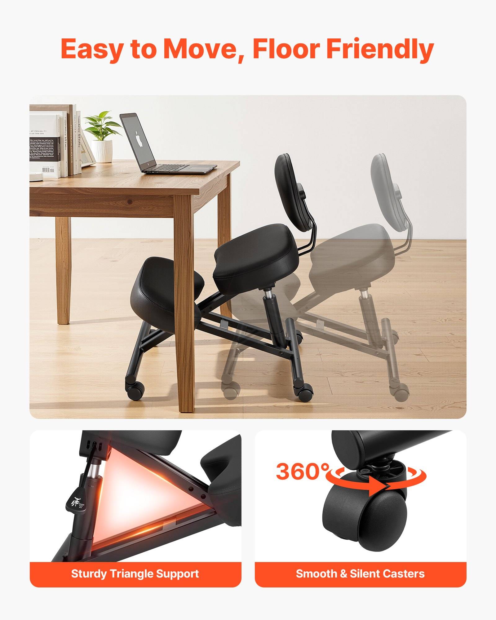 Werbung für einen ergonomischen Kniestuhl mit „Leicht zu bewegen, bodenfreundlich", zeigt ein Schreibtisch-Setup plus Nahaufnahmen der robusten Dreieck-Stütze und sanften, geräuschlosen 360°-Rollen.