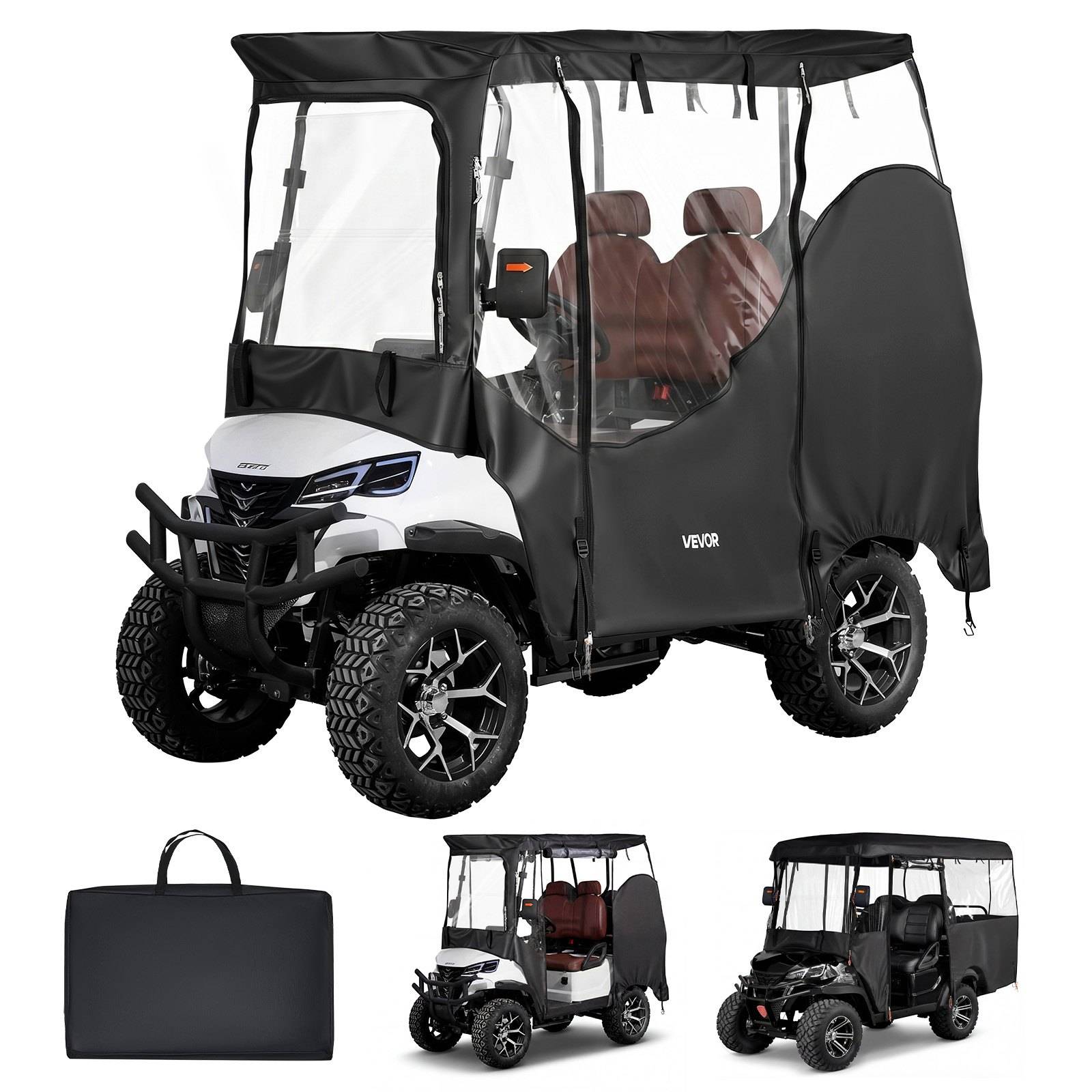 Schwarzes wetterfestes Gehäuse mit transparenten Kunststofffenstern für einen Golfwagen, plus Tragetasche und zwei Beispielansichten des Wagens, die die installierte Abdeckung zeigen.
