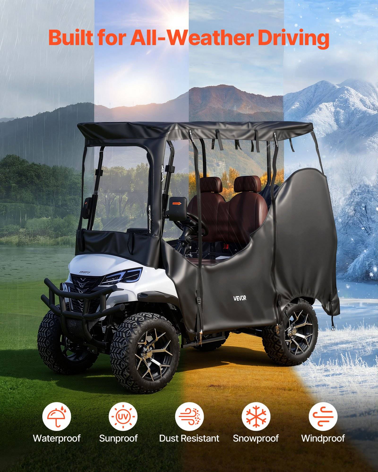 Allwetter-Golfwagen mit Verdeck, gezeigt bei Regen, Sonne, Staub, Schnee und Wind; mit wasserdicht, sonnenschutz, staubresistent, schneefest und winddicht.
