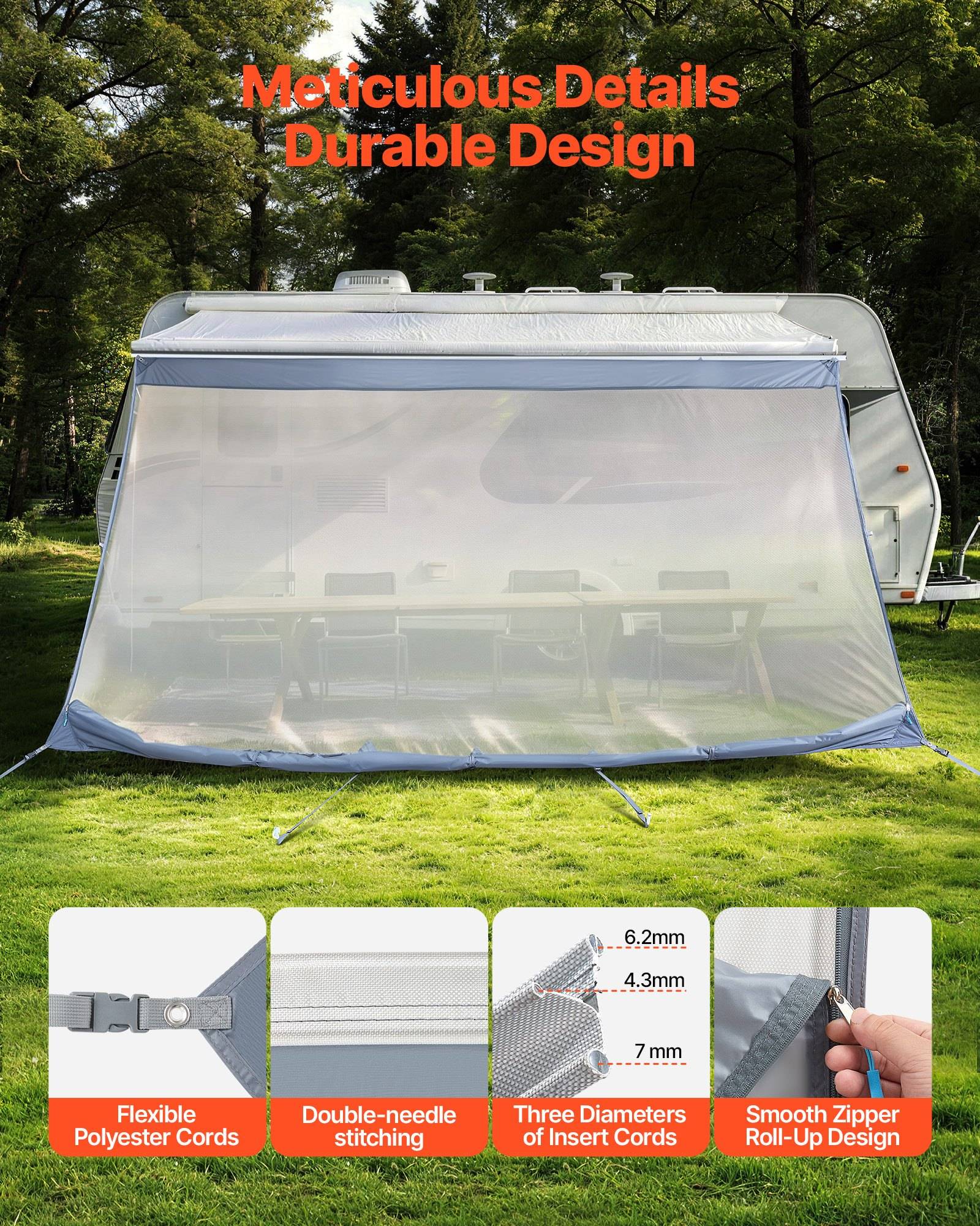 Mesh-Wohnwagenmarkise mit Text „Sorgfältige Details Langlebiges Design" und Einschubleisten, die Polyesterschnüre, doppelte Nahtverarbeitung, Schnurstärken und glatte Reißverschluss-Aufrollkonstruktion hervorheben.