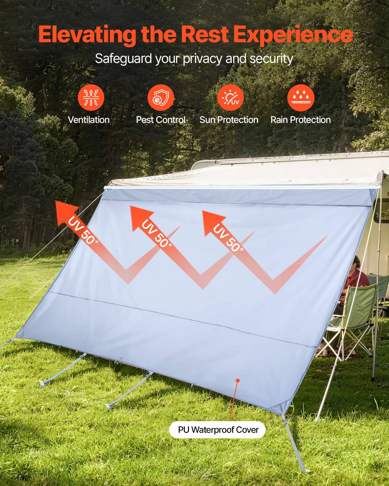Campingzelt mit PU-wasserdichter Abdeckung und UV-Schutz 50+, das Belüftung, Schädlingsbekämpfung, Sonnenschutz und Regenschutz fördert.