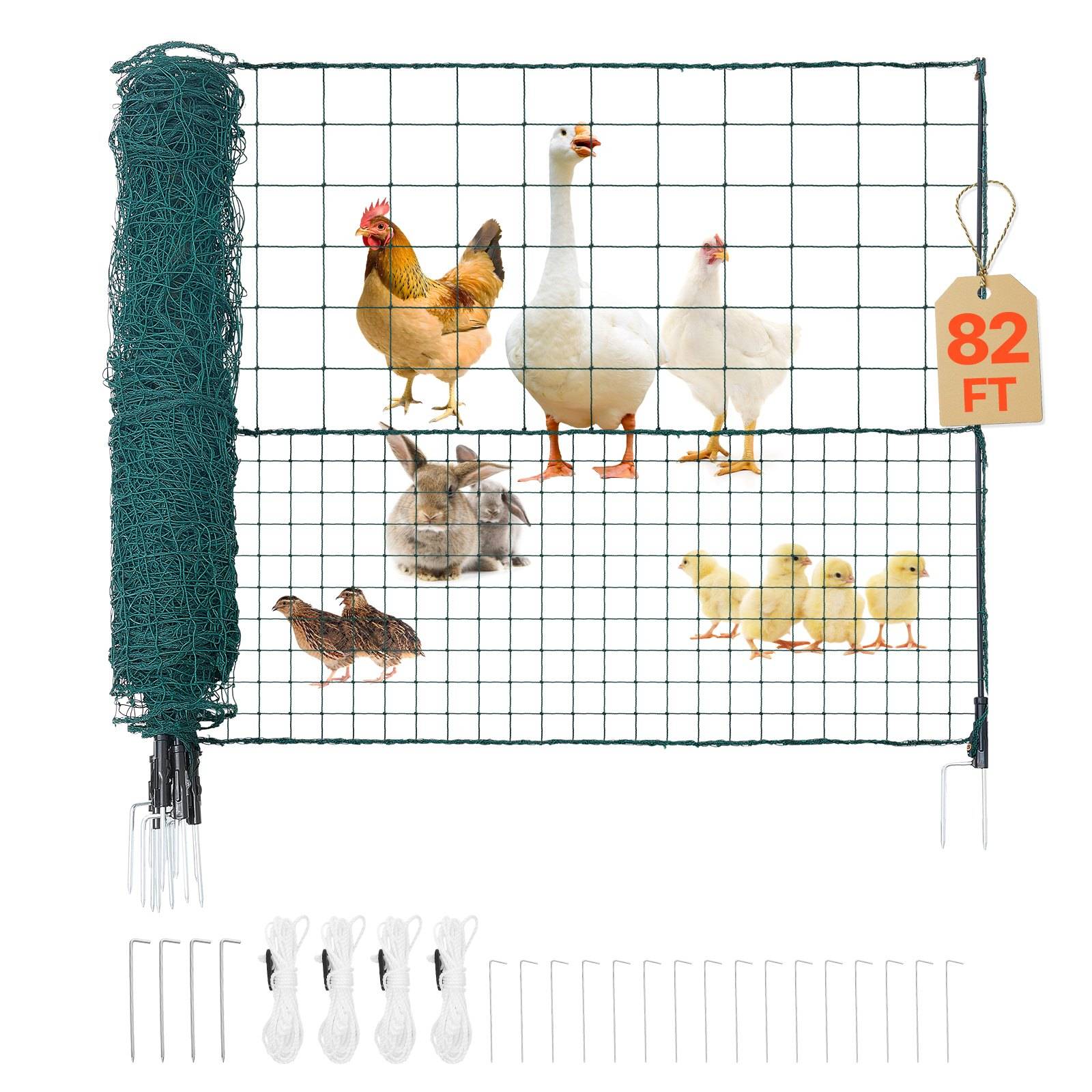 Drahtgeflecht-Geflügelzaun mit einer Ente, einem Huhn, einem Kaninchen, einer Wachtel und Küken; enthält ein Etikett mit der Aufschrift „82 FT