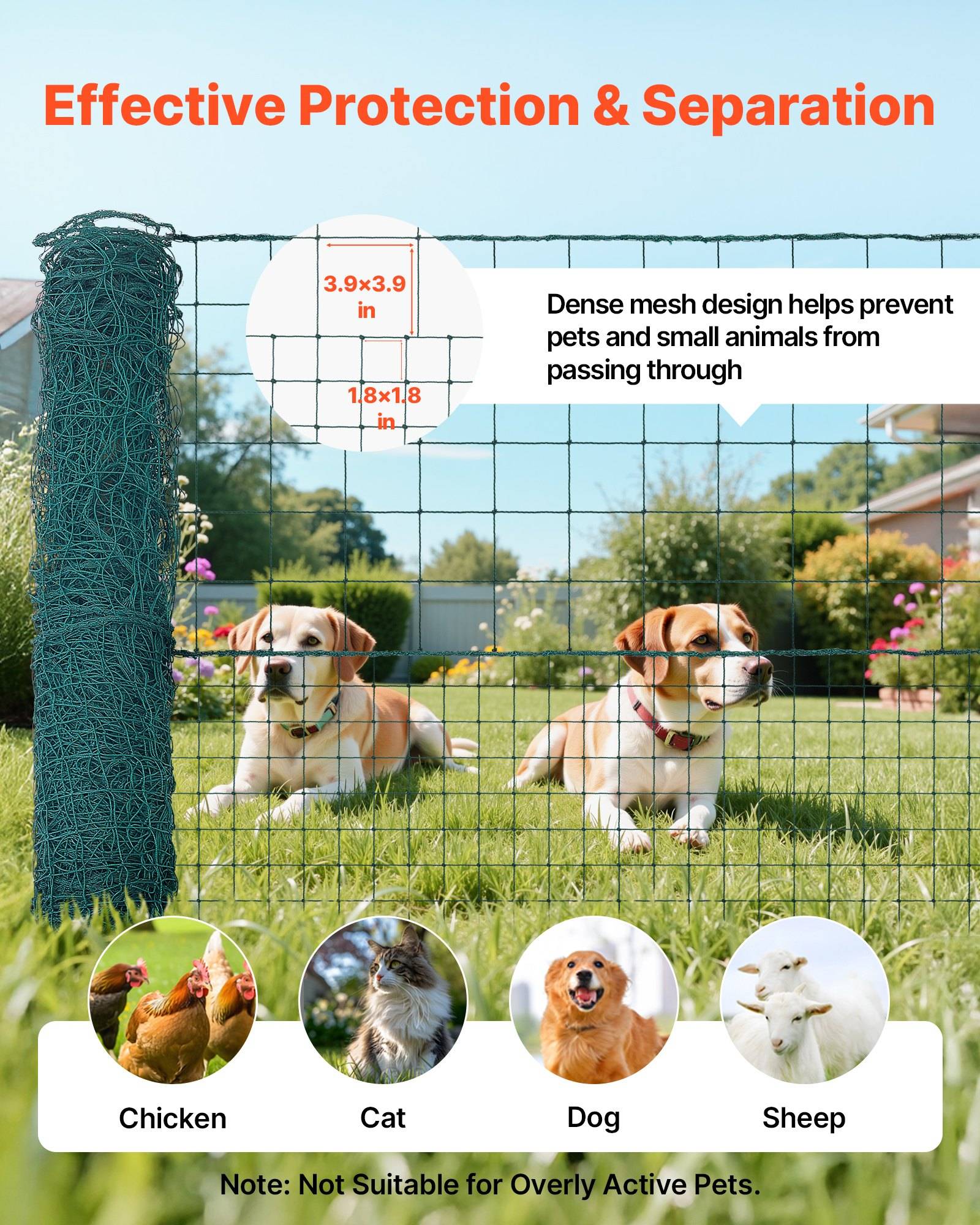Werbebild eines dichten Maschendrahtzauns mit der Bezeichnung „Effektiver Schutz & Trennung", das Hunde hinter der Barriere zeigt. Der Text weist darauf hin, dass dieser Zaun verhindert, dass Haustiere und kleine Tiere durchgehen können, und nicht für überaktive Haustiere geeignet ist.