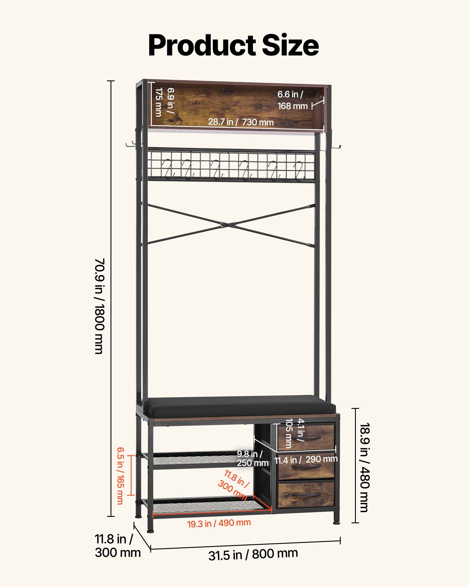 Produktgrößendiagramm eines Metalllagerschranks mit Schrank, beschriftete Abmessungen: 70,9 Zoll Höhe, 31,5 Zoll Breite, 11,8 Zoll Tiefe, mit angezeigten Regal- und Schrankmaßen.