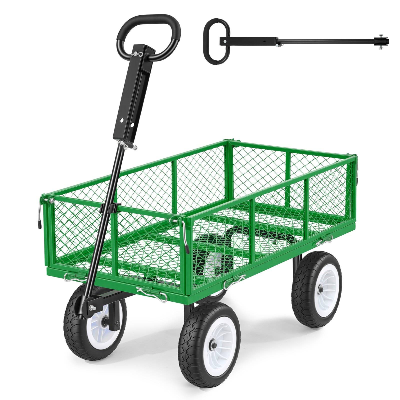 Grüner Gitter-Gartenwagen mit vier Rädern und langem schwarzem Zuggriff, dargestellt mit abnehmbarer Anhängerkupplungsvorrichtung.