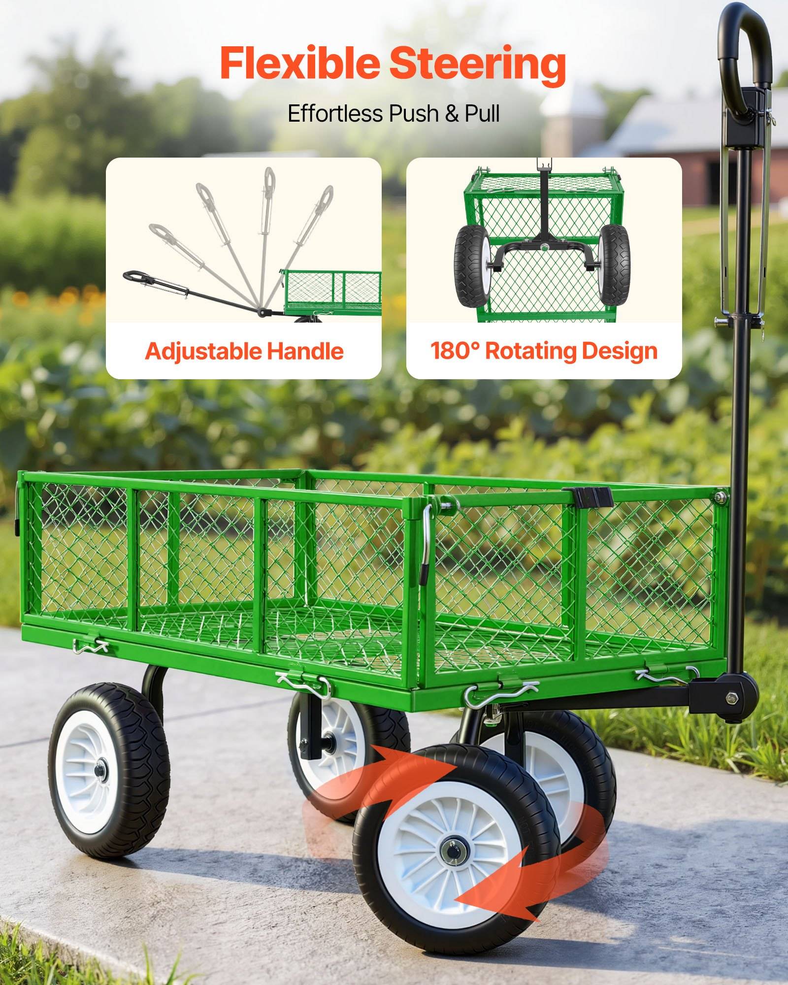 Grüner Nutzwagen mit Maschennetzseitenwänden, verstellbarem Griff und um 180 Grad drehbaren Vorderrädern, dargestellt als flexible Lenkung für Push- und Pull-Verwendung.