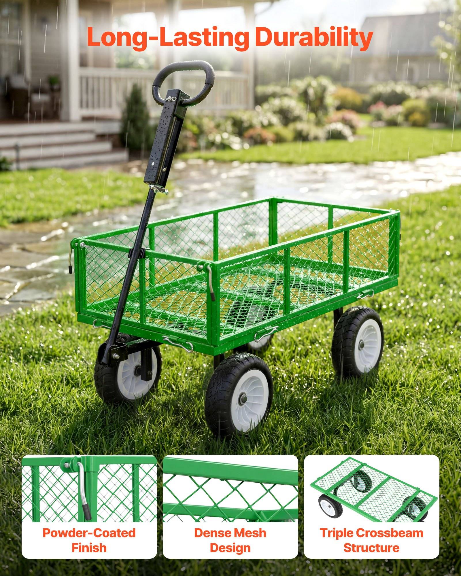 Grüner Gitterwerk-Gartenhilfswagen auf Gras mit Text „Langlebige Haltbarkeit"; Einschubetiketten: „Pulverbeschichtete Oberfläche"", „Dichtes Gitterwerk-Design"", „Dreifach-Querbalken-Struktur"".
