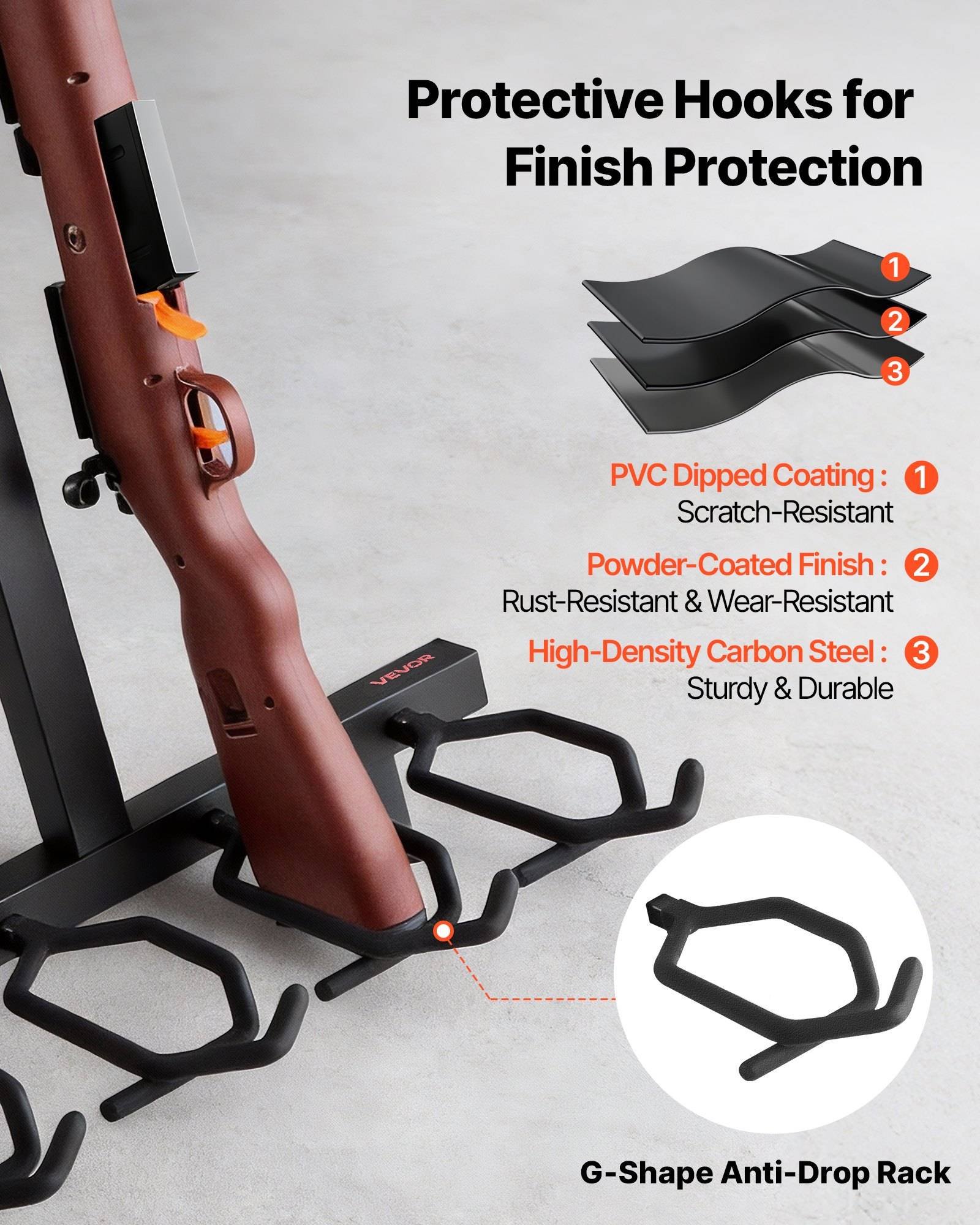 Produktbild eines G-förmigen Sturzschutzständers, der ein Gewehr hält, mit Text, das schützende Haken zur Oberflächenschutz hervorhebt: PVC-beschichtete Oberfläche, pulverbeschichtete Oberfläche und hochdichter Kohlenstoffstahl.