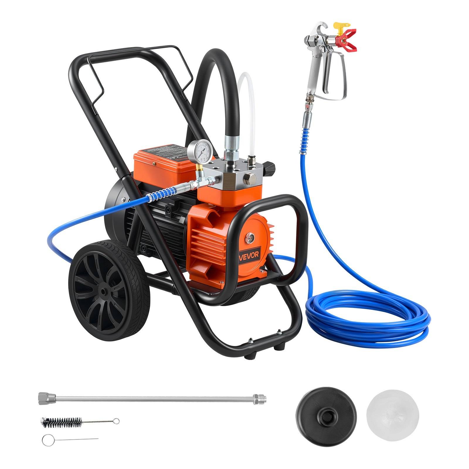 Tragbarer luftloser Farbsprayer auf einem Rahmen mit Rädern, Schlauch, Spritzpistole und Zubehördüsen, shown auf weißem Hintergrund.