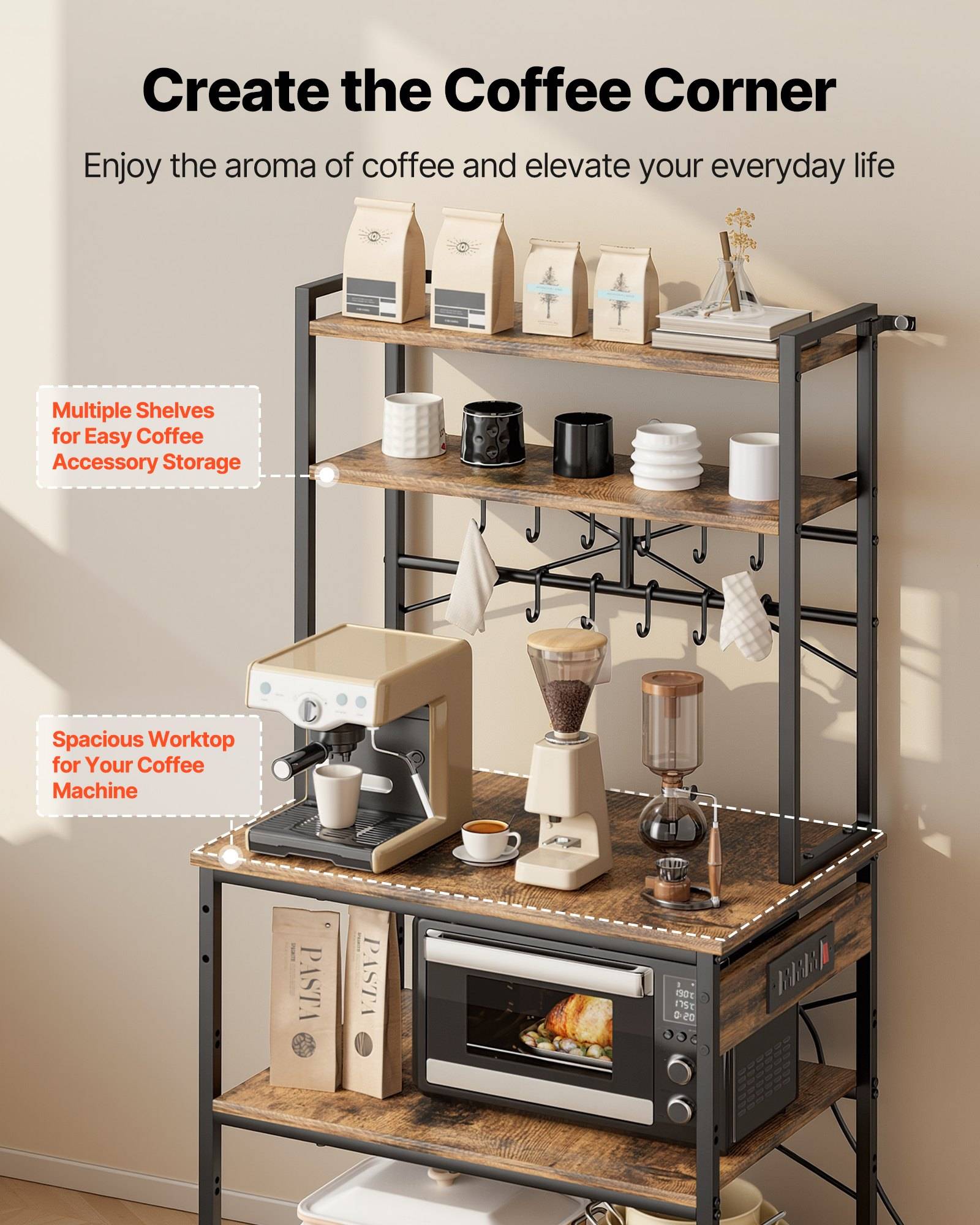Kaffeestations-Display mit Regalen, Haken und Arbeitsfläche für eine Maschine, mit den Aufschriften „Schaffen Sie Ihre Kaffee-Ecke" und „Genießen Sie das Aroma von Kaffee und bereichern Sie Ihren Alltag"".