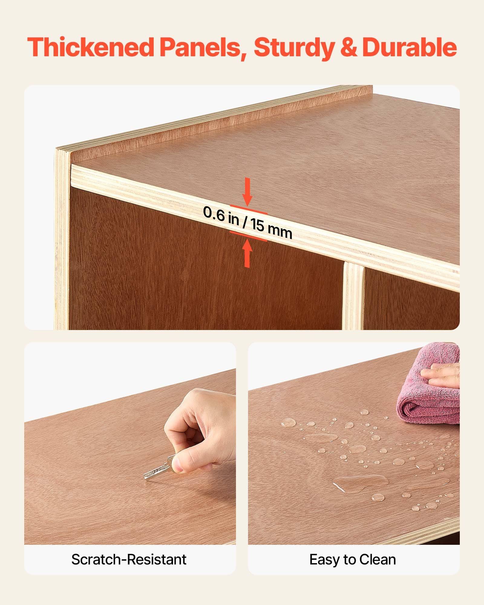 Produktbild eines Schranks oder Regals mit 0,6 Zoll / 15 mm dicken Platten, mit Nahaufnahmen, die die Kratzerbeständigkeit und die leicht zu reinigende Oberfläche hervorheben.
