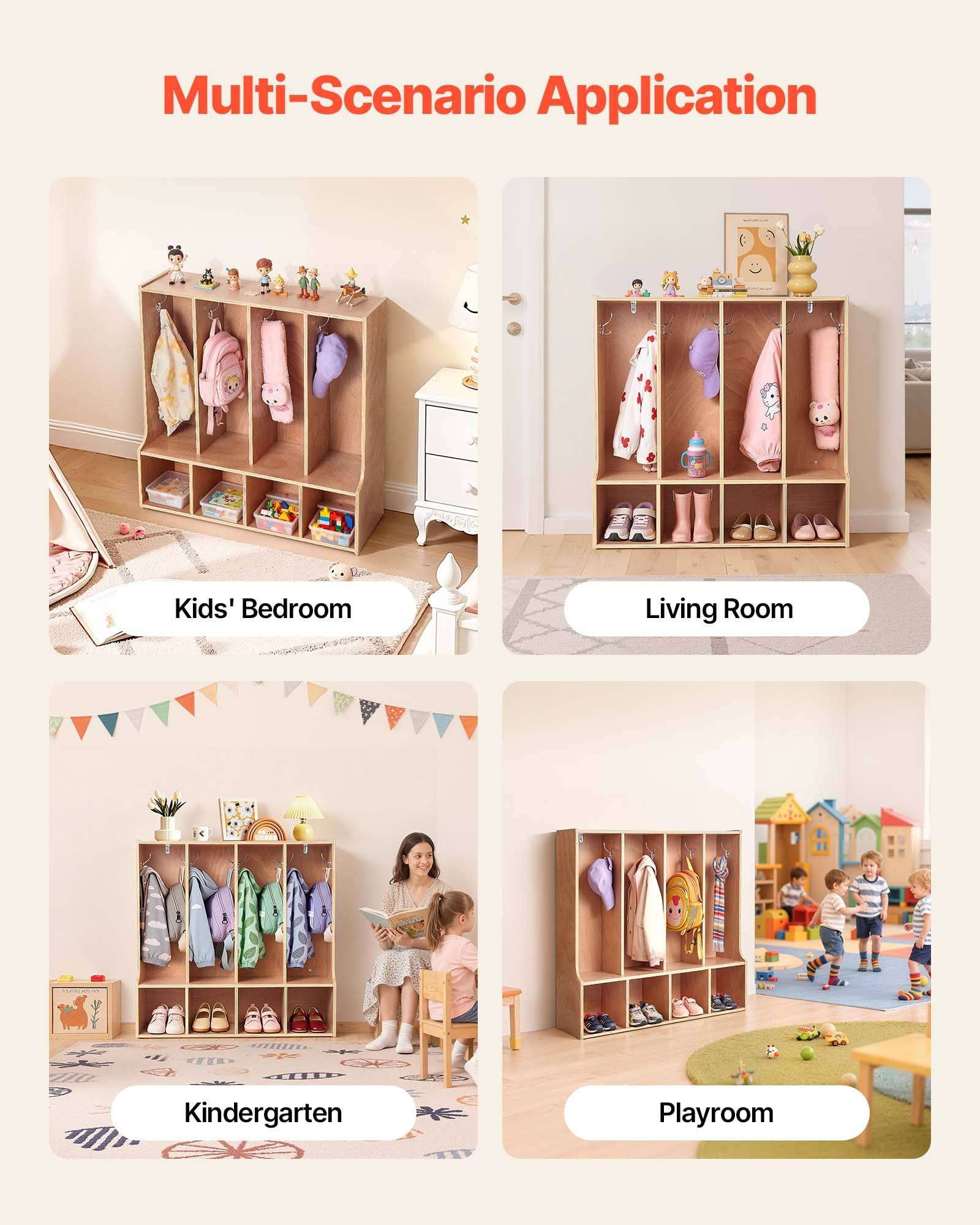 Collage mit modularen Kinderspeicherwürfeln, die in vier Umgebungen gezeigt werden: Kinderzimmer, Wohnzimmer, Kindergarten und Spielzimmer.