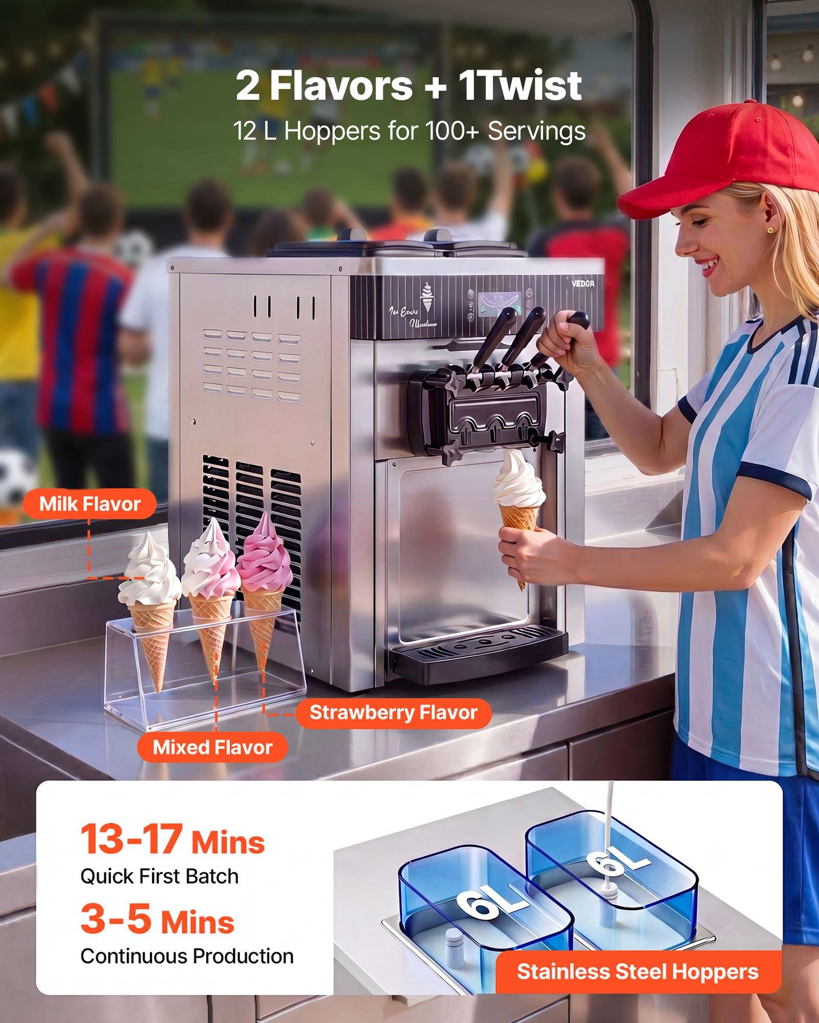 Werbebild einer Frau, die Soft-Serve-Eis aus einer Maschine serviert, mit "2 Flavors + 1 Twist"" und ""12 L Behälter für 100+ Portionen"", das Milch-, Gemischte und Erdbeergeschmacksrichtungen sowie Edelstahlbehälter hervorhebt.