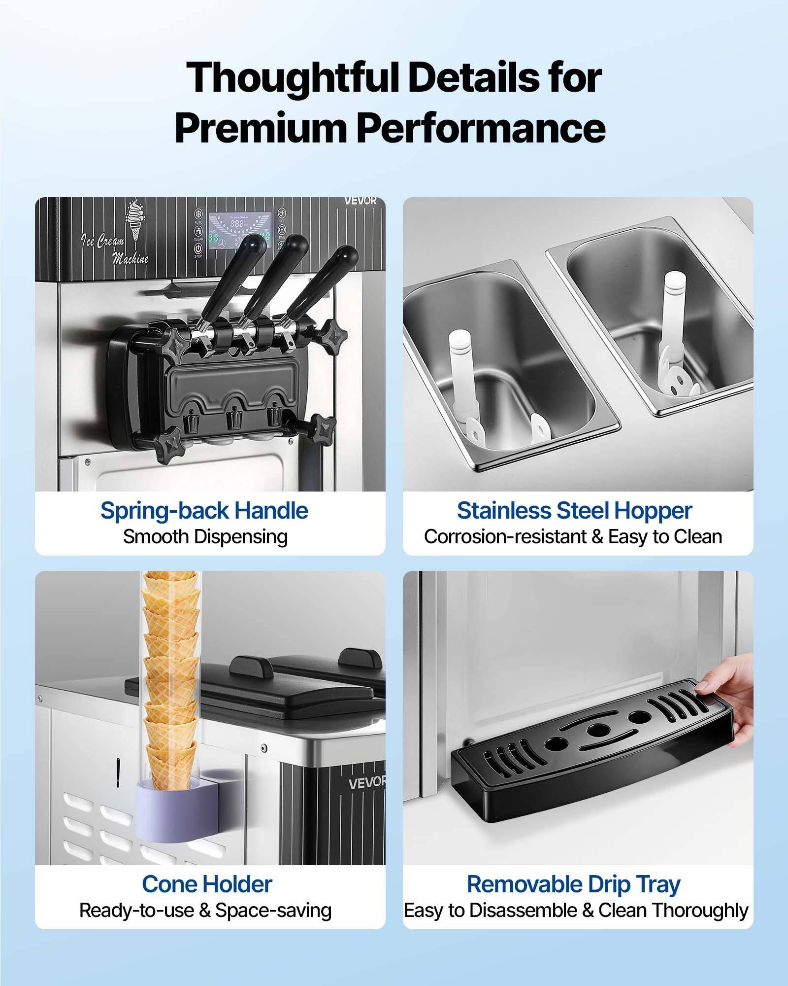 Produktfeature-Infografik mit dem Titel „Durchdachte Details für Premium-Performance" mit vier Details: Federnder Griff, Edelstahl-Behälter, Kegelhalter und abnehmbares Abtropfblech.