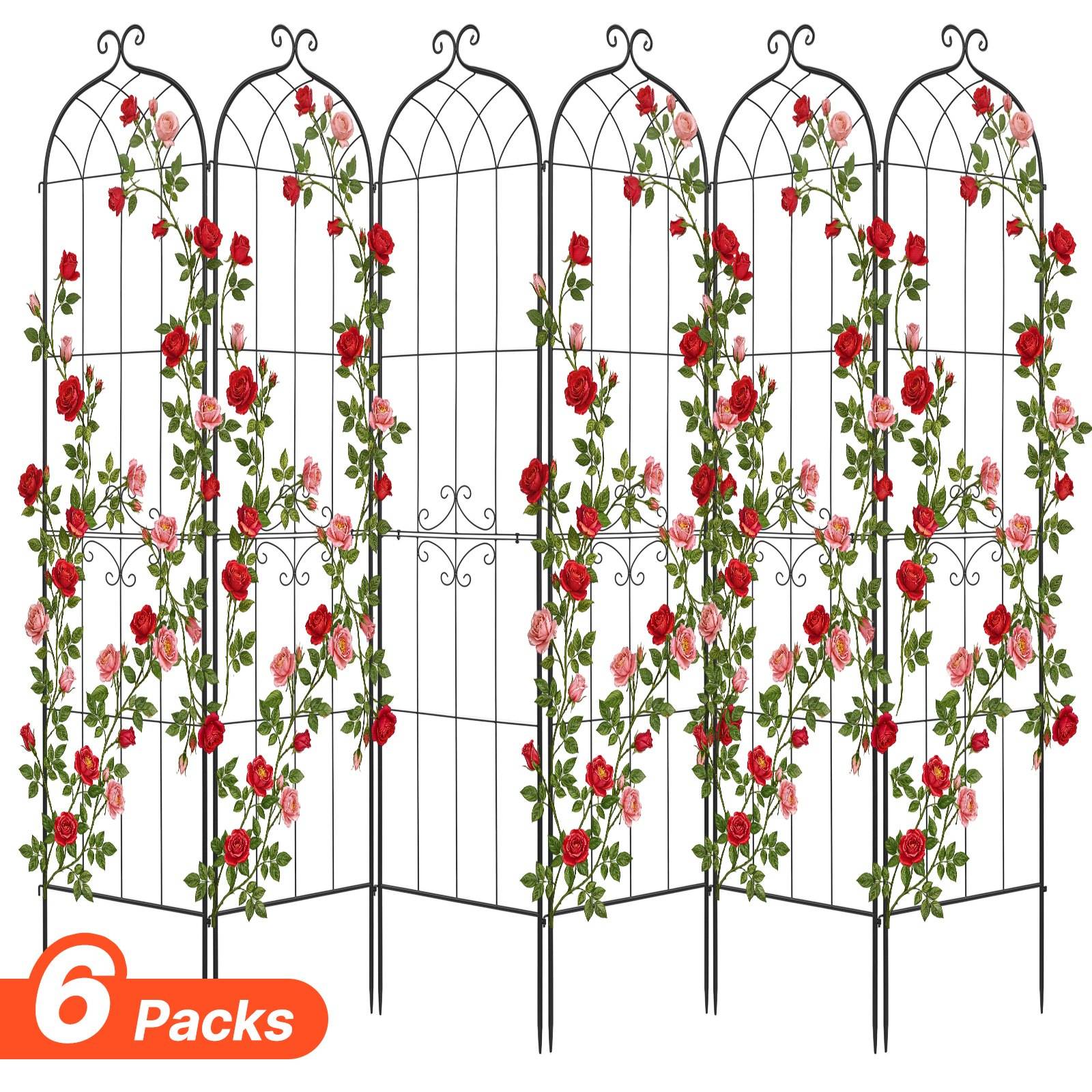Sechs schwarze Metallgartergitter-Paneele mit gewölbten Oberteilen, verziert mit kletternden roten und rosa Rosen; mit der Bezeichnung „6er Packung