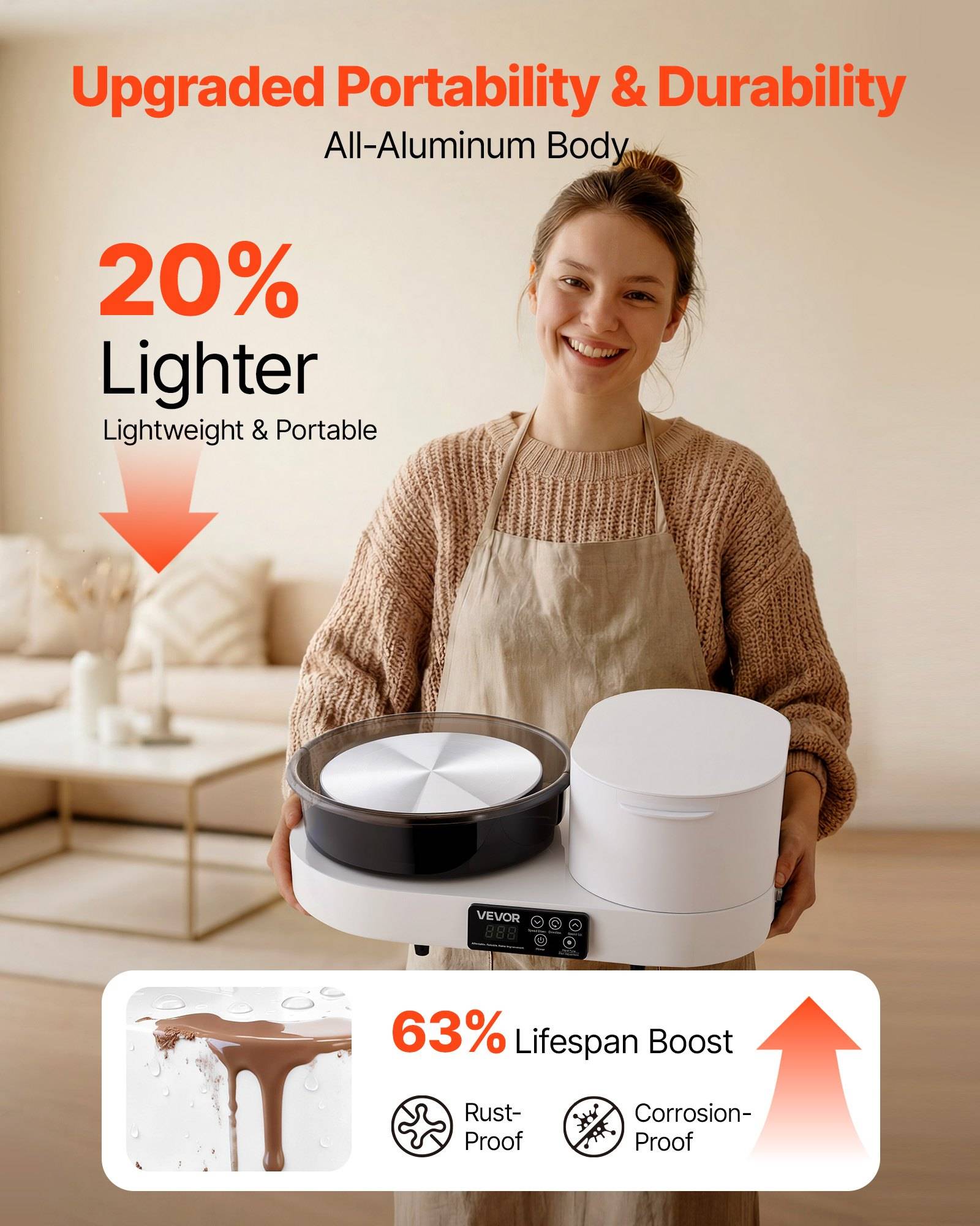 Werbebild einer lächelnden Frau, die zwei Roboterstaubsauger hält, mit Text, der verbesserte Portabilität und Haltbarkeit bewirbt, Gehäuse aus Vollaluminium, 20% leichter, 63% längere Lebensdauer, rostfrei und korrosionsbeständig.