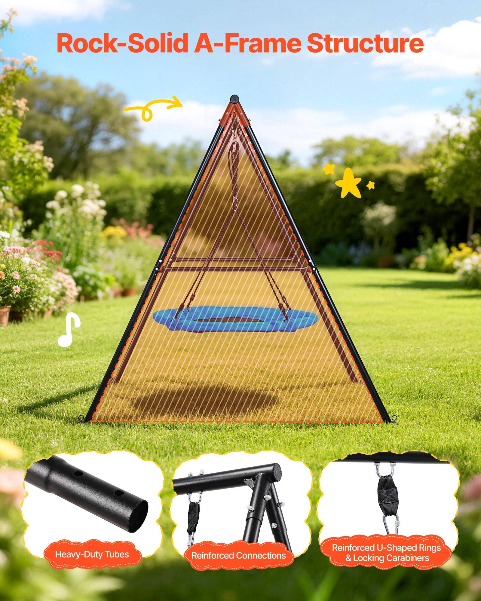 Illustration einer dreieckigen A-Rahmen-Schaukelstruktur auf einem Rasen, beschriftet mit „Rock-Solid A-Frame Structure", mit Beschriftungen für robuste Rohre, verstärkte Verbindungen und Sicherungskarabiner.
