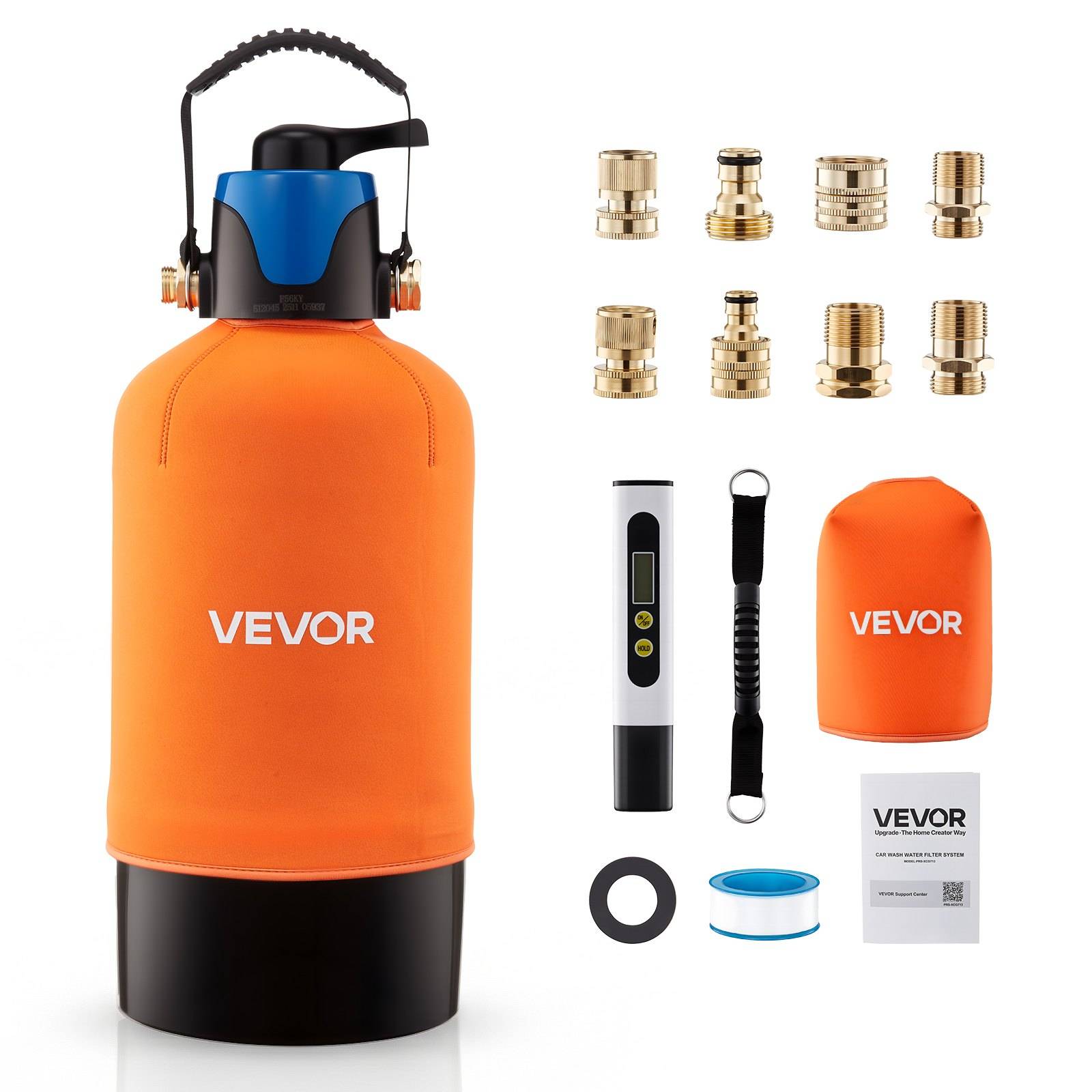 Orange VEVOR tragbares Feuerlöscher-Set mit Tank, Regler, mehreren Messingadaptern, Druckmessgerät, Trageband, Abdeckung, Dichtung, Klebeband und Bedienungsanleitung.