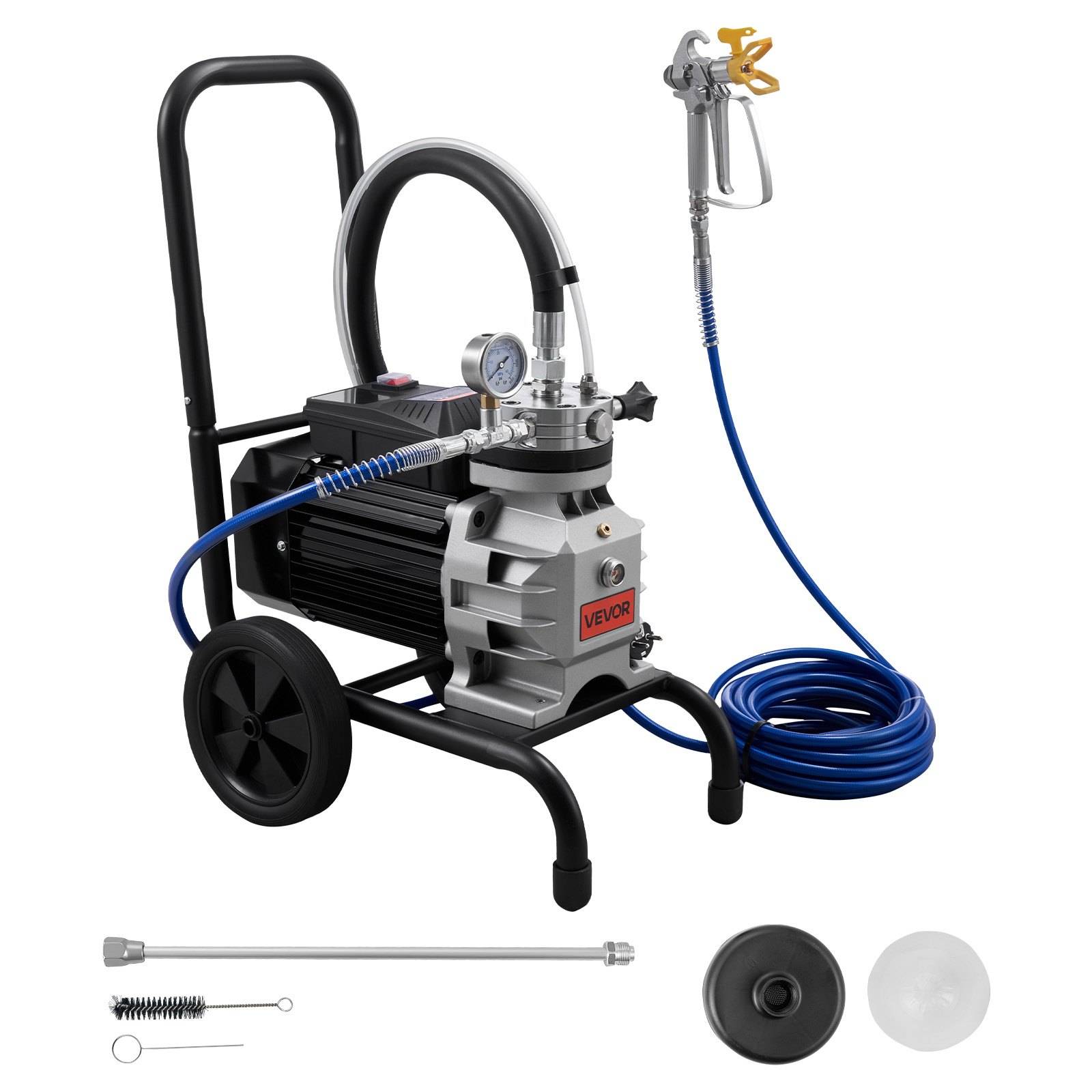 Tragbarer elektrischer Airless-Farbsprüher auf einem fahrbaren Ständer, mit Schlauch, Spritzpistole, Reinigungswerkzeugen und Ersatzteilen auf weißem Hintergrund.