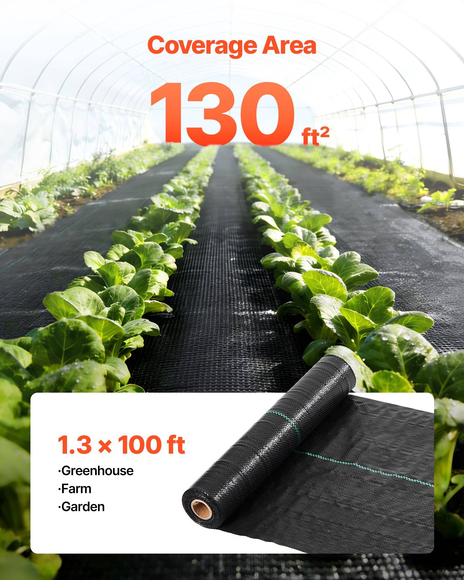 Gewächshauskulturstreifen mit schwarzer Bodenabdeckungsrolle; Text besagt „Abdeckungsfläche 130 ft²" und „1,3 x 100 ft"" zur Verwendung in Gewächshäusern, auf Bauernhöfen oder in Gärten.
