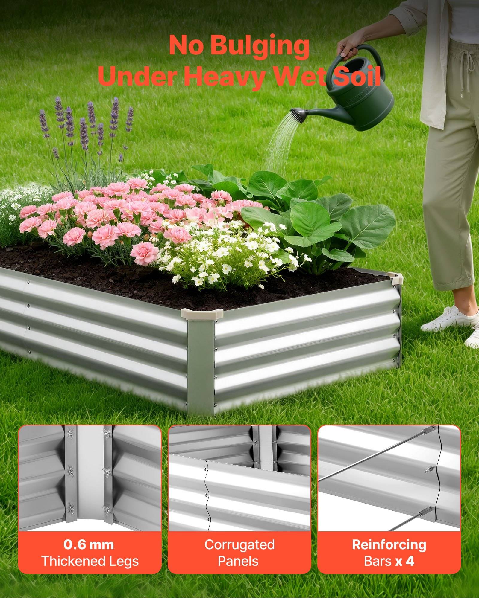 Erhöhtes Hochbeet aus gewelltem Metall mit Blumen, die bewässert werden, beschriftet mit „Keine Verformung unter schwerer nasser Erde"; Detailansichten heben 0,6 mm verstärkte Beine und x4 Verstärkungsstäbe hervor.