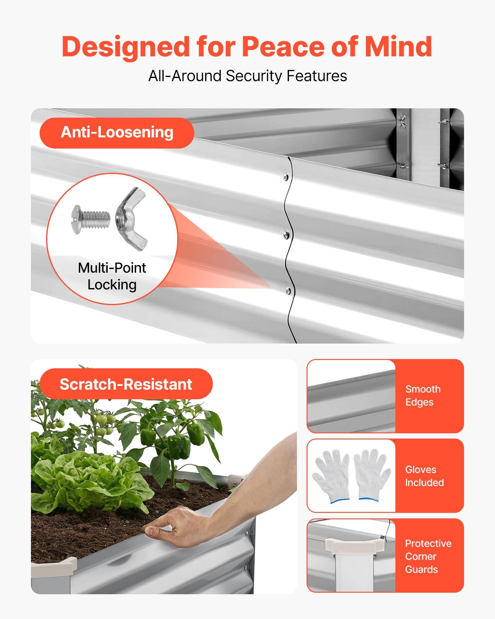 Werbe-Infografik für ein erhöhtes Hochbeet mit „Designed for Peace of Mind" (Entworfen für Ihre Sicherheit) und „All-Around Security Features"" (Umfassende Sicherheitsmerkmale): Anti-Lockerrungs-Mehrpunkt-Verriegelung, kratzfeste Oberfläche, glatte Kanten, Handschuhe im Lieferumfang enthalten und schützende Eckenschutzvorrichtungen.