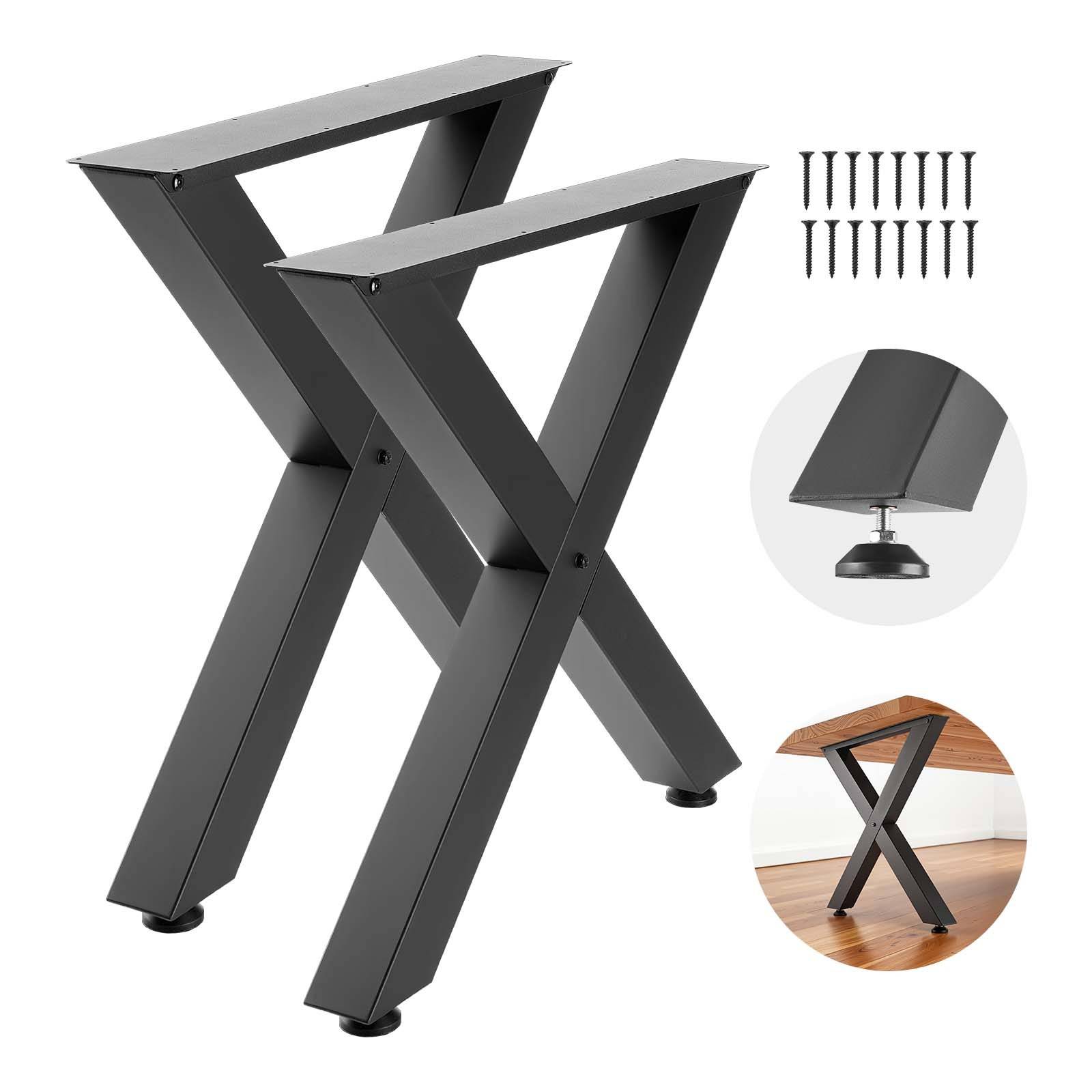 Schwarze Metallbeine in X-Form mit verstellbaren Füßen, gezeigt mit beigefügten Schrauben und zwei Einschub-Beispielen eines fertigen Tisches und der Unterseite-Montage.