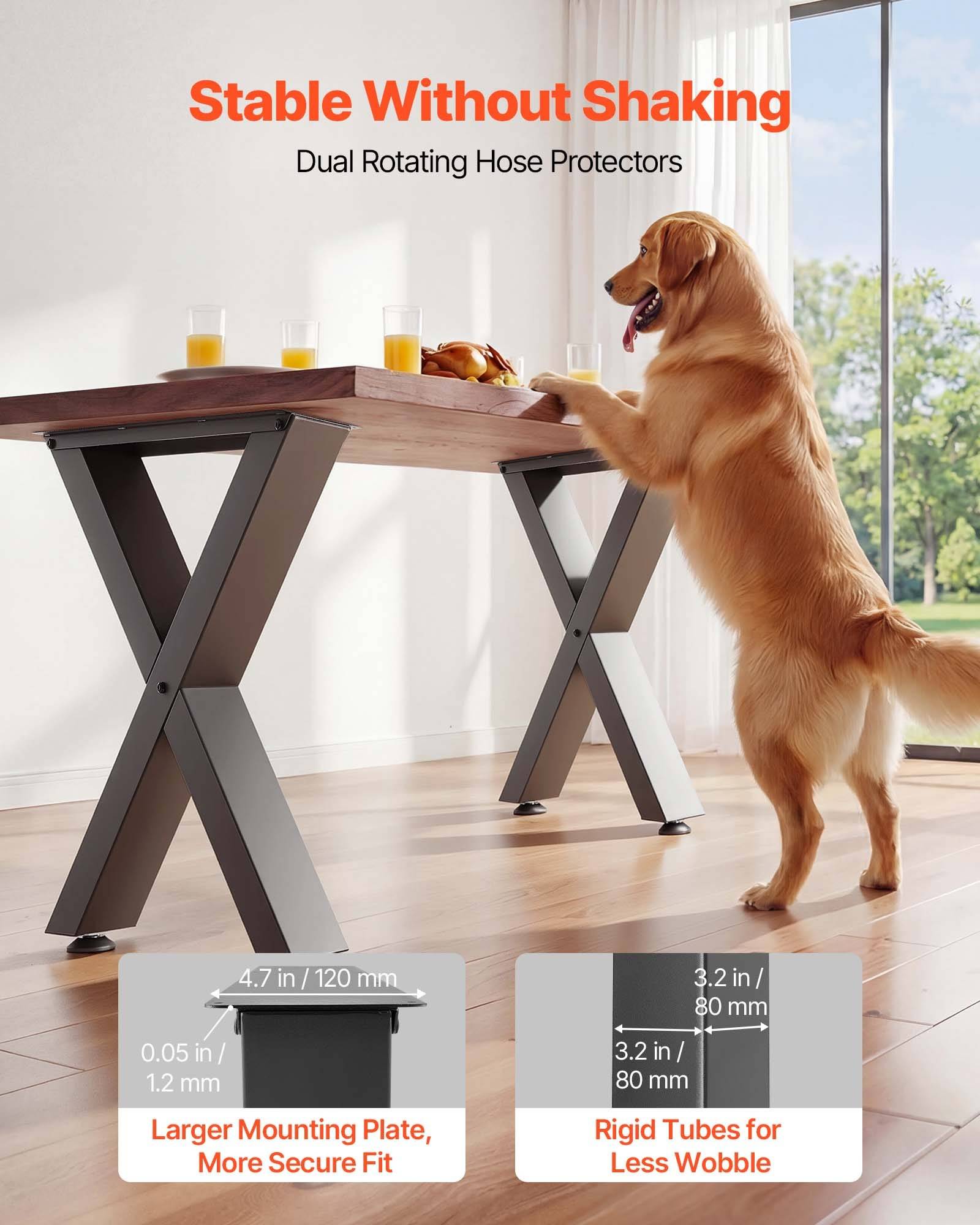 Werbebild eines Golden Retrievers, der mit den Pfoten auf einem Tisch steht und die „Stable Without Shaking
