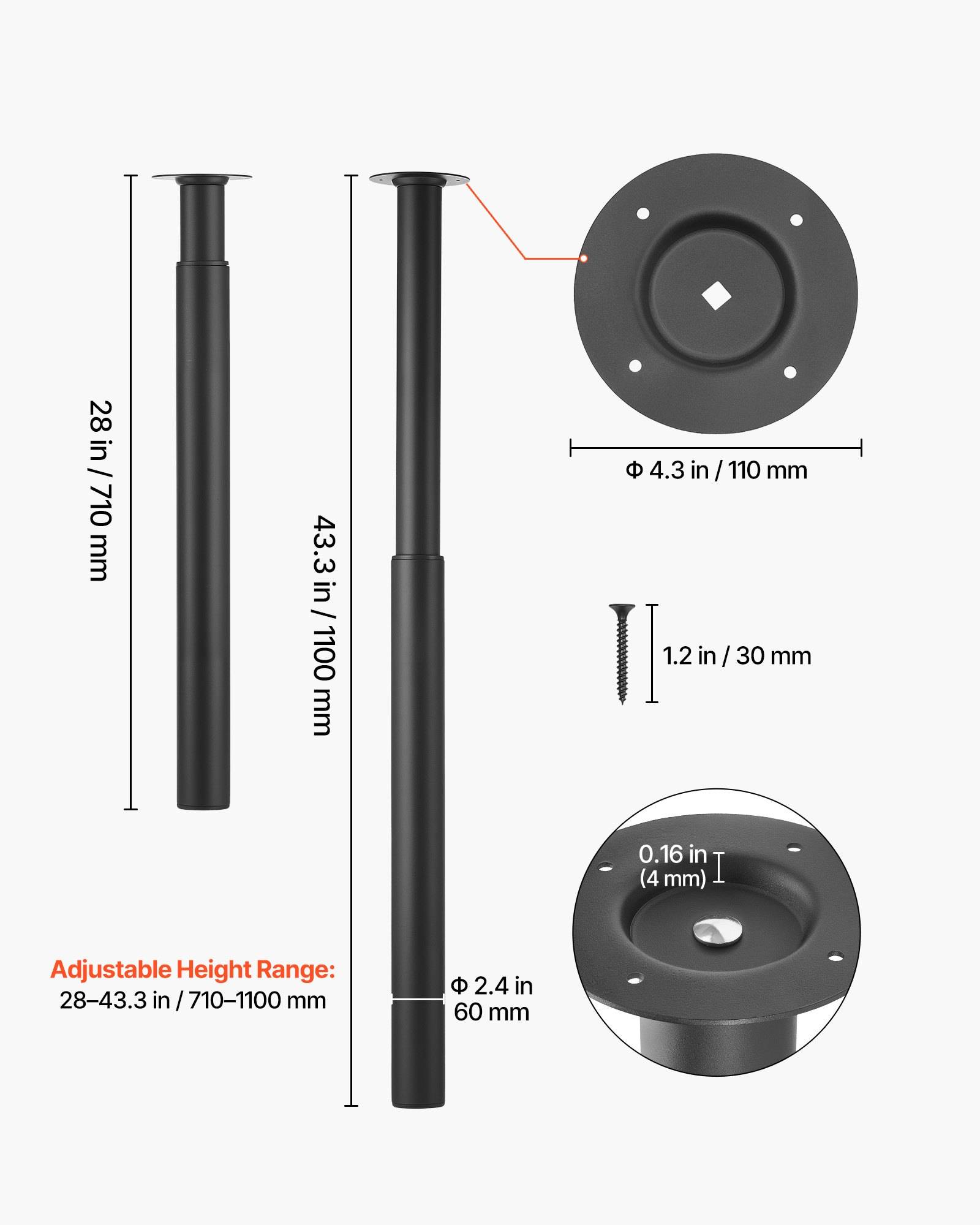 Produktabmessungsdiagramm einer verstellbaren schwarzen Tischbein, mit Höhenbereich 28-43,3 Zoll, Basisdurchmesser 4,3 Zoll, Beindurchmesser 2,4 Zoll und enthaltener Schraubengröße 1,2 Zoll.