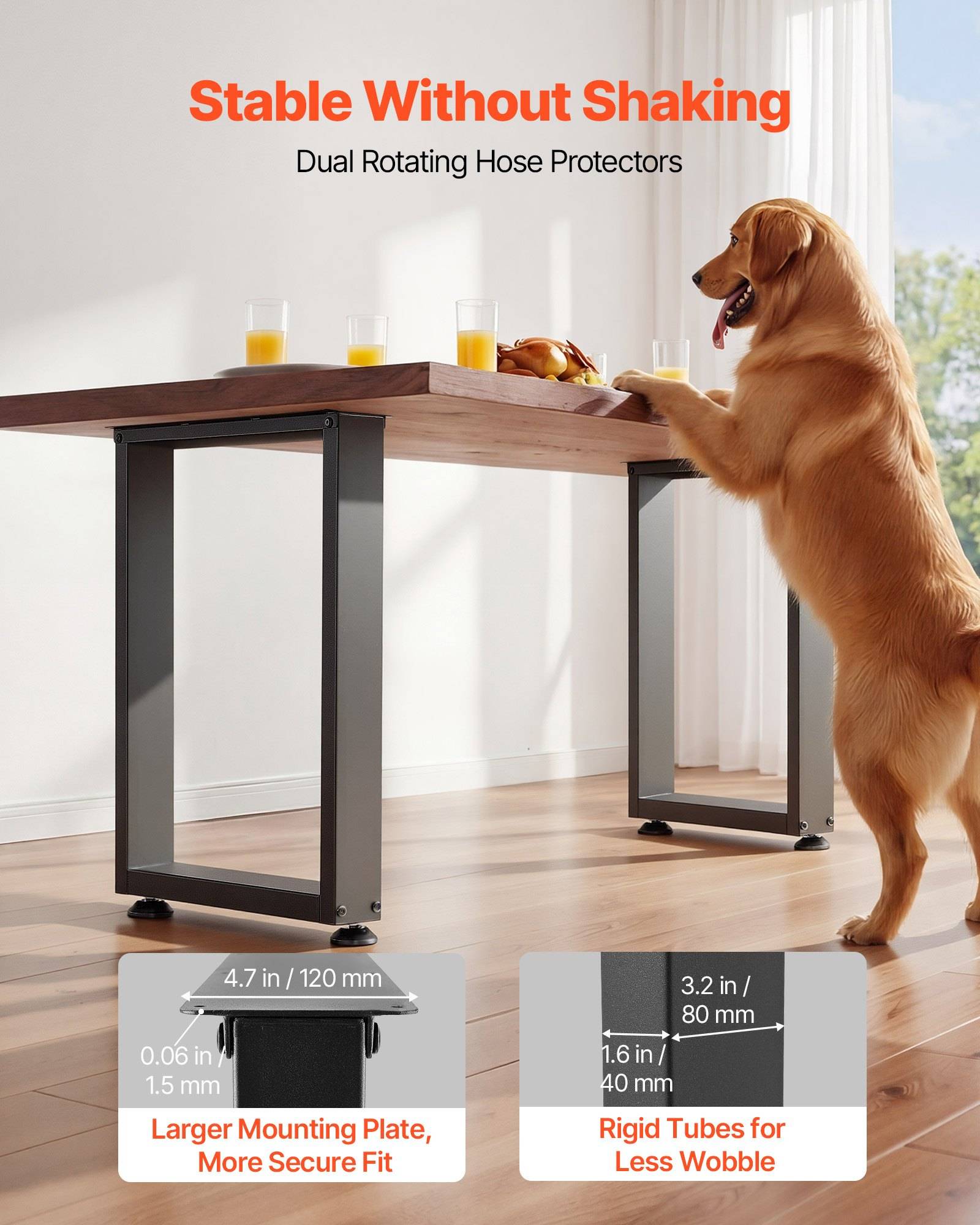 Goldener Retriever lehnt sich an eine Tischkante neben der Bildunterschrift „Stabil ohne Wackeln