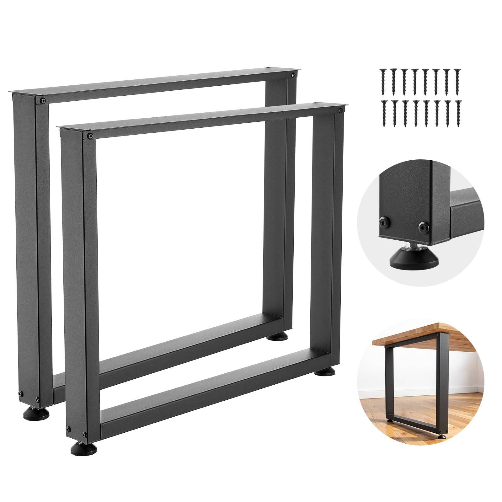 Zwei schwarze Metallrahmenbeine für Tische mit verstellbaren Füßen, plus enthaltene Schrauben und Nahaufnahmen/montierte Ansichten der Hardware.