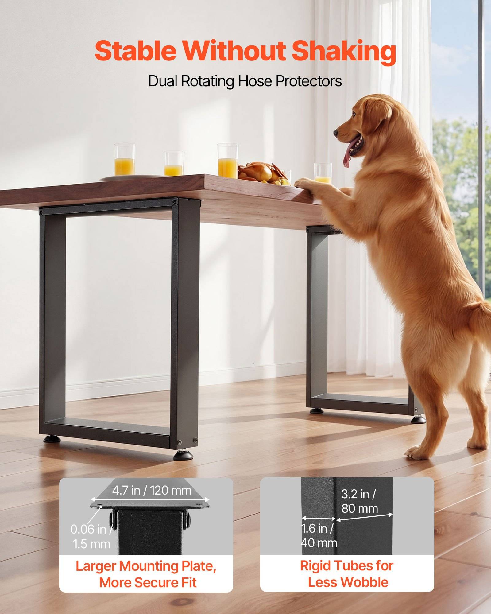 Golden Retriever steht auf den Hinterbeinen neben einem Tisch mit Getränken und Essen und veranschaulicht „Stabil ohne Wackeln