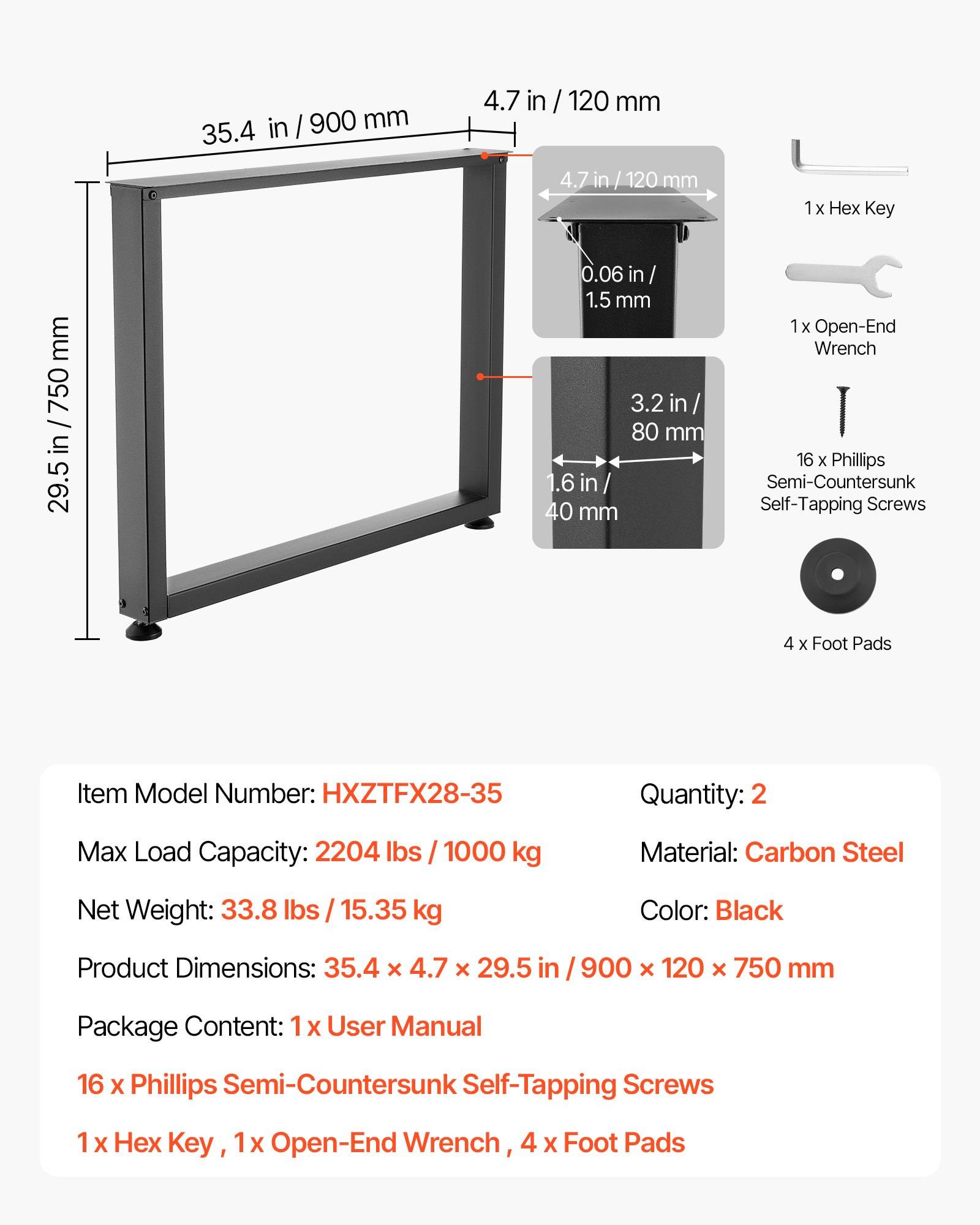 Produktspezifikation Grafik für einen schwarzen Stahltisch/Rahmen: 35,4 x 4,7 x 29,5 Zoll, maximale Last 2204 lbs, einschließlich Hardware, 4 Fußpads und Modell HXZTFX28-35.