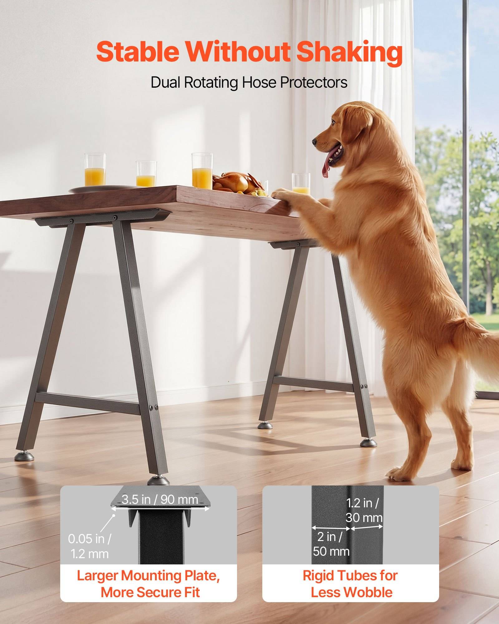 Goldener Retriever steht auf Hinterbeinen an einem Tisch und zeigt „Stabil ohne Wackeln