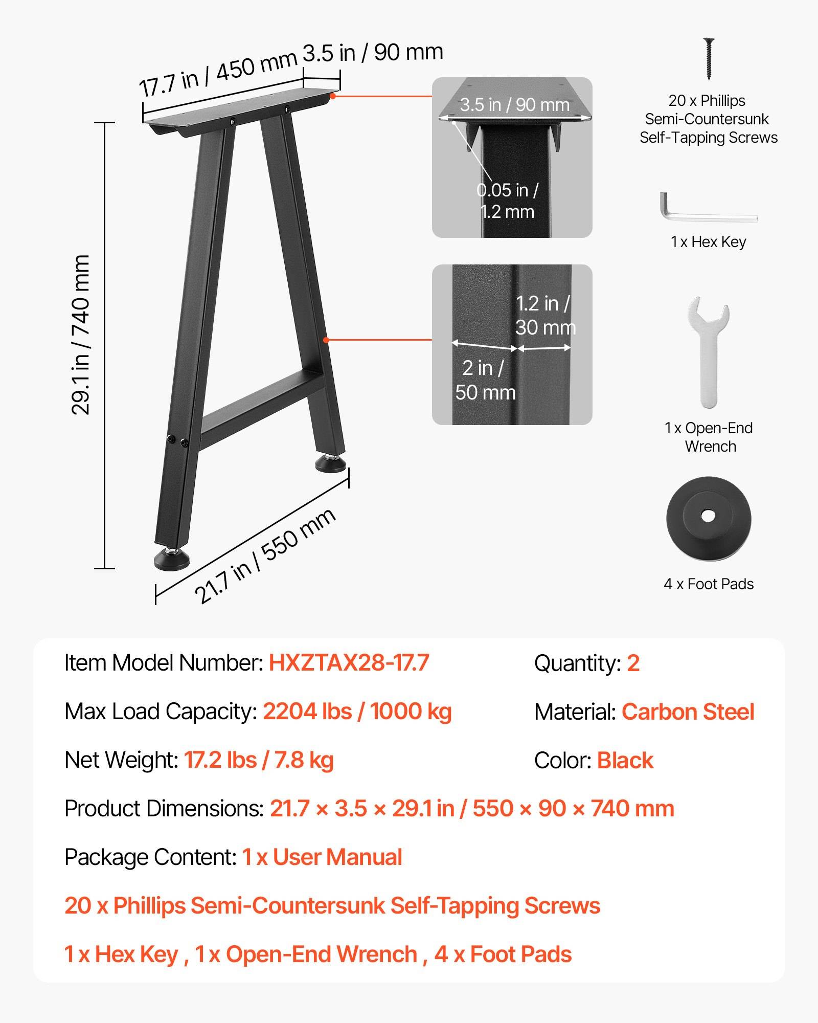 Montagediagramm der schwarzen Stahlrohrbeine des Tisches, mit Abmessungen, enthaltener Hardware und Spezifikationen: Modell HXZTAX28-17.7, Tragfähigkeit 2204 lb, Menge 2.