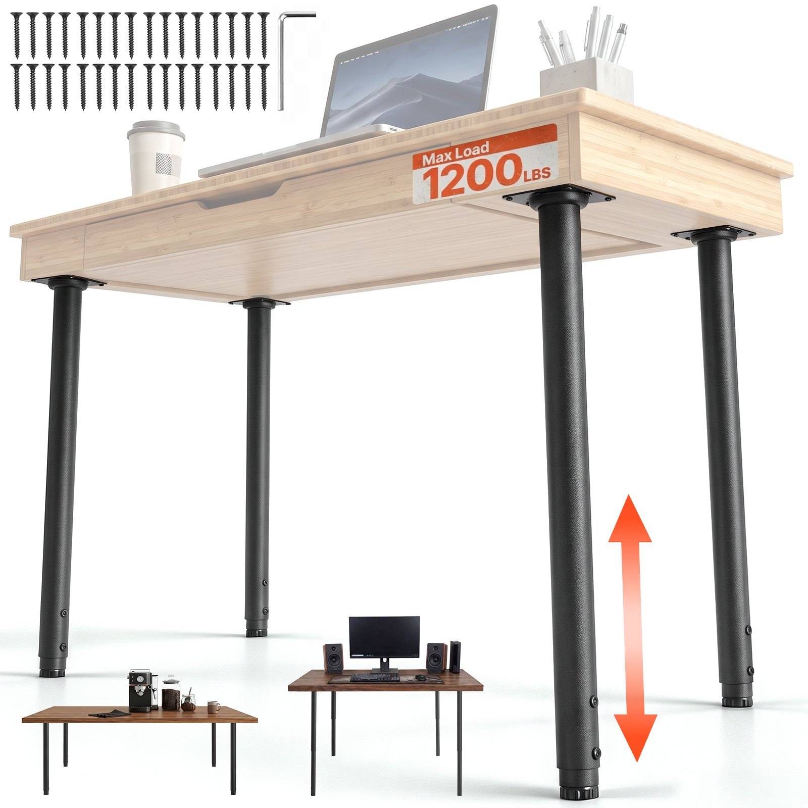 Verstellbarer Stehtisch mit teleskopierenden schwarzen Beinen, dargestellt in erhobener Position über einer niedrigeren Schreibtischkonfiguration; die Beschriftung lautet „Max Load 1200 LBS