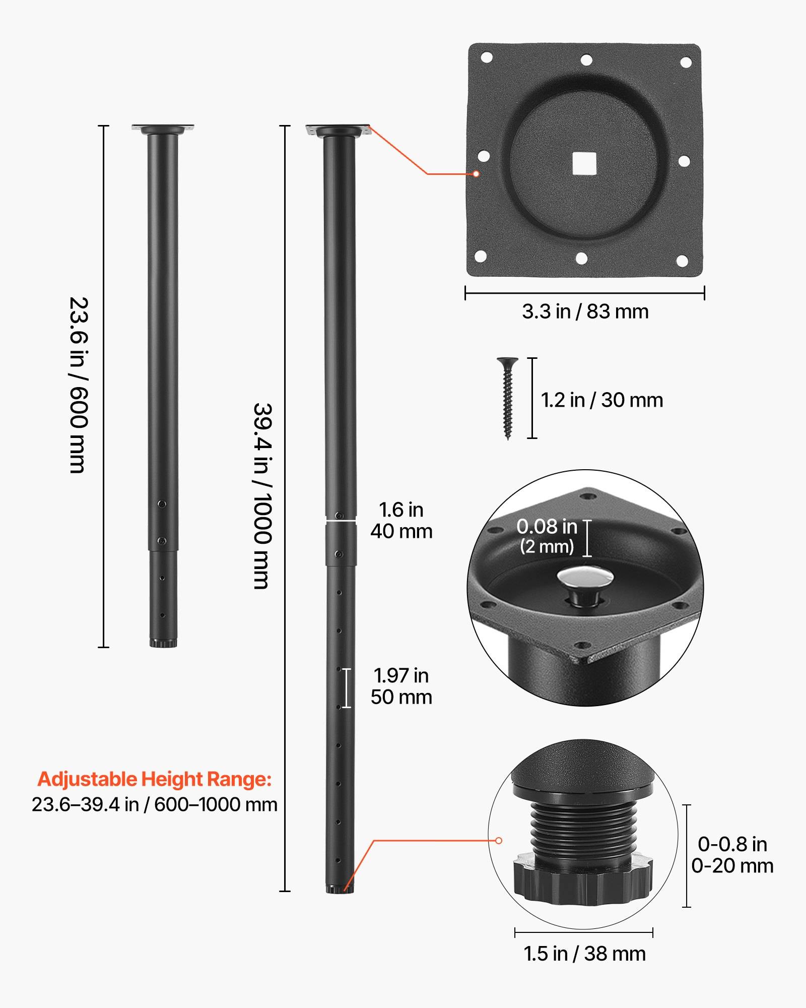 Produktdiagramm eines Tischbeins mit einstellbarer Höhe von 23,6–39,4 Zoll (600–1000 mm), mit Abmessungen der Befestigungsplatte und des Gewindenivellierfußes.