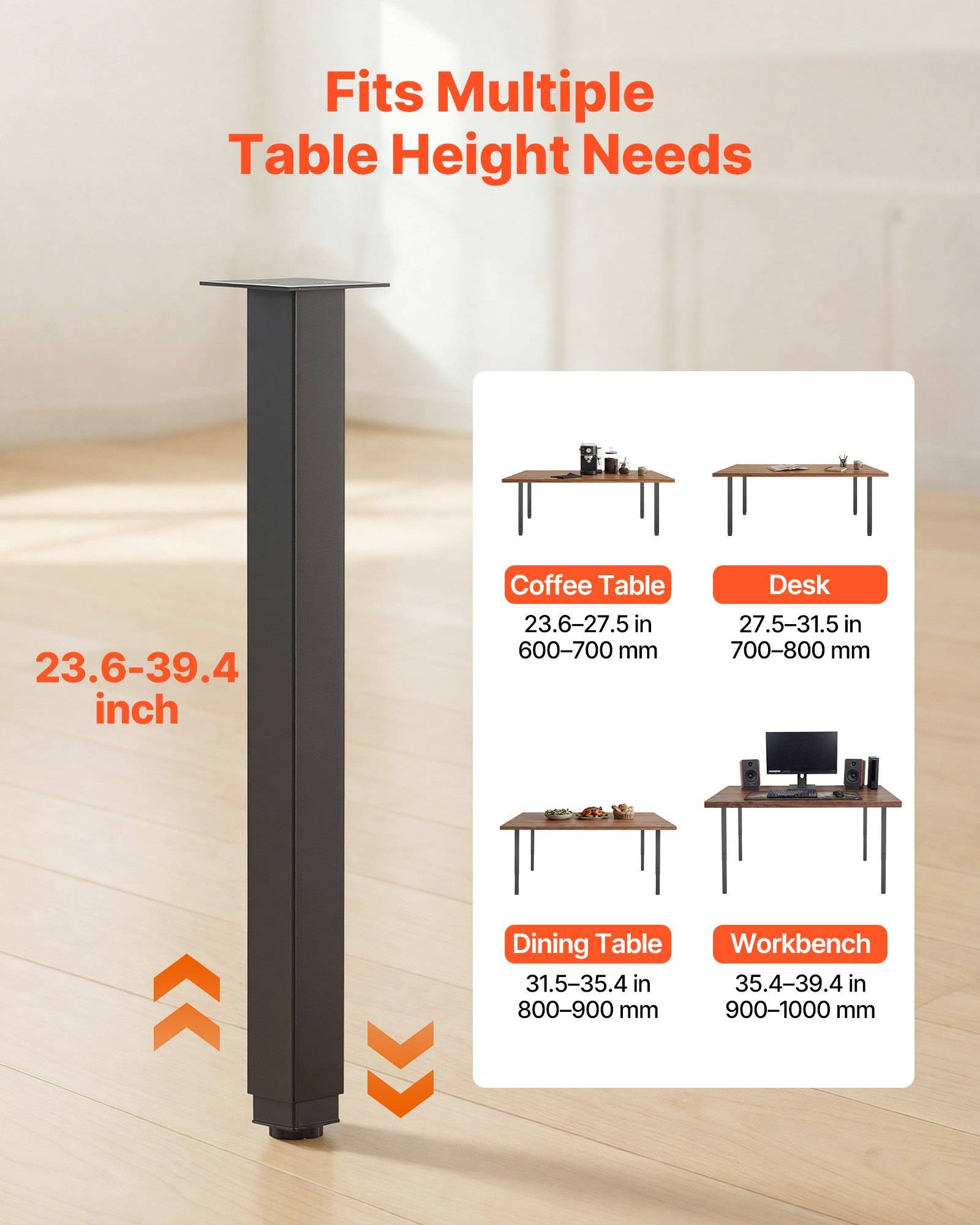 Höhenverstellbares Tischbein passt für mehrere Höhen, von 23,6 bis 39,4 Zoll, für Couchtische, Schreibtische, Esstische und Arbeitstische.