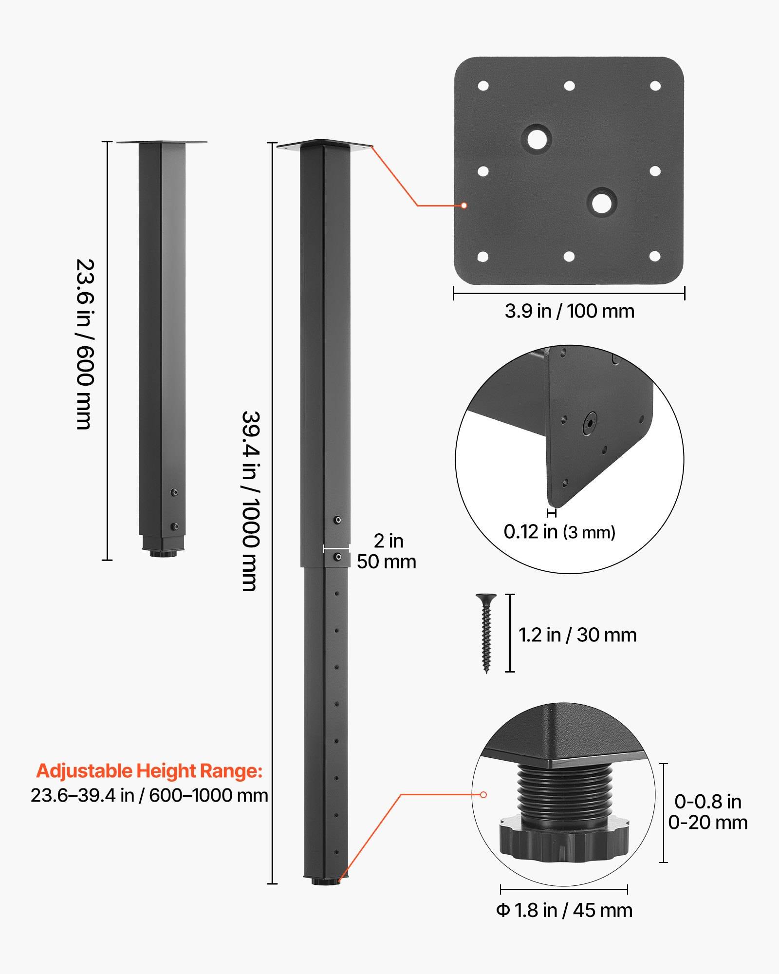Produktmassdiagramm eines schwarzen verstellbaren Pfostens: Höhe 23,6–39,4 Zoll, Basis 3,9 Zoll Quadrat, Montageplate 0,12 Zoll dick, verstellbarer Fuß 0–0,8 Zoll.